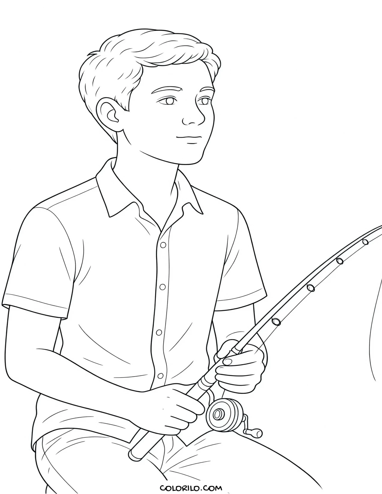 A teenage boy fishing from a pier coloring page