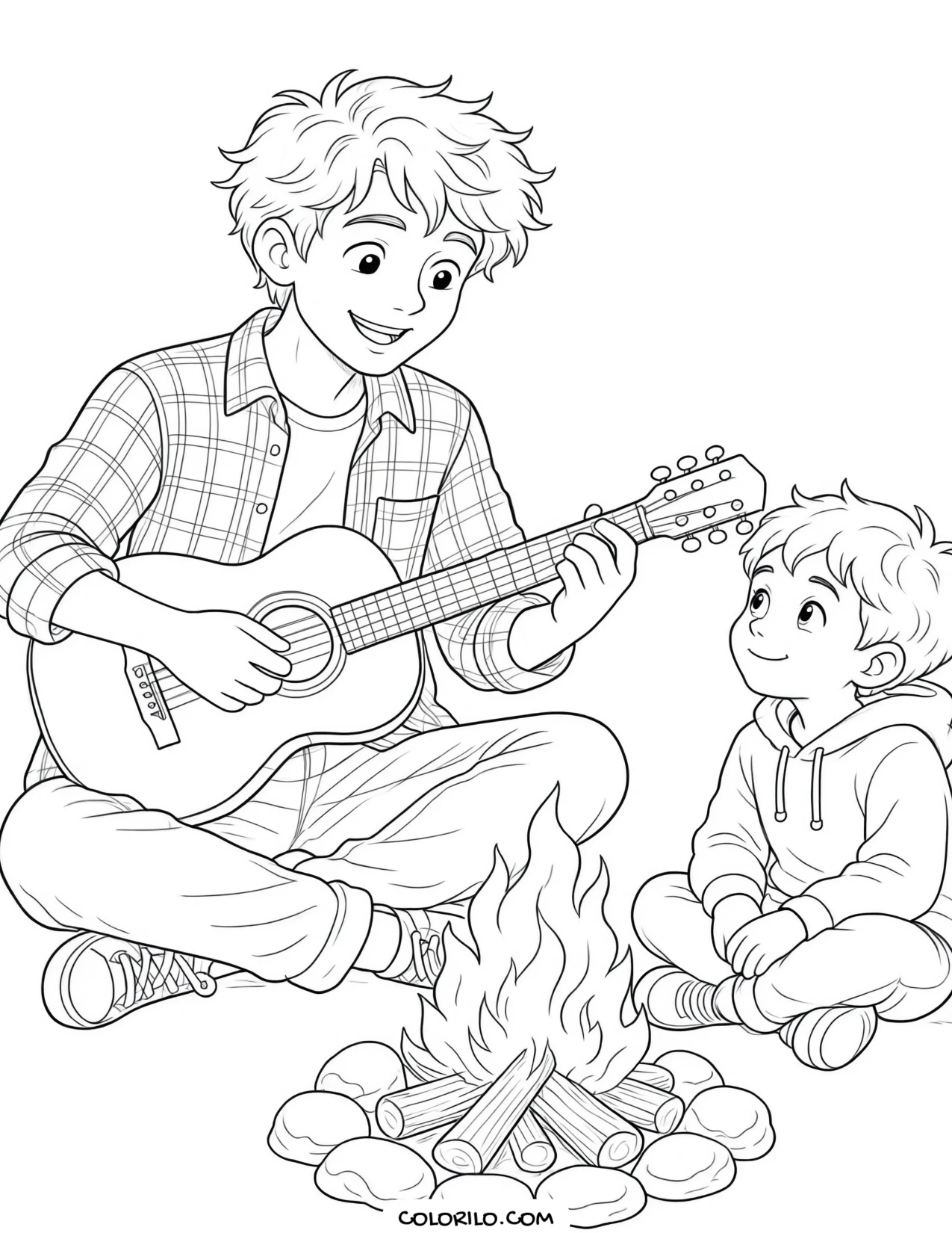 A teenage boy playing guitar by a campfire coloring page