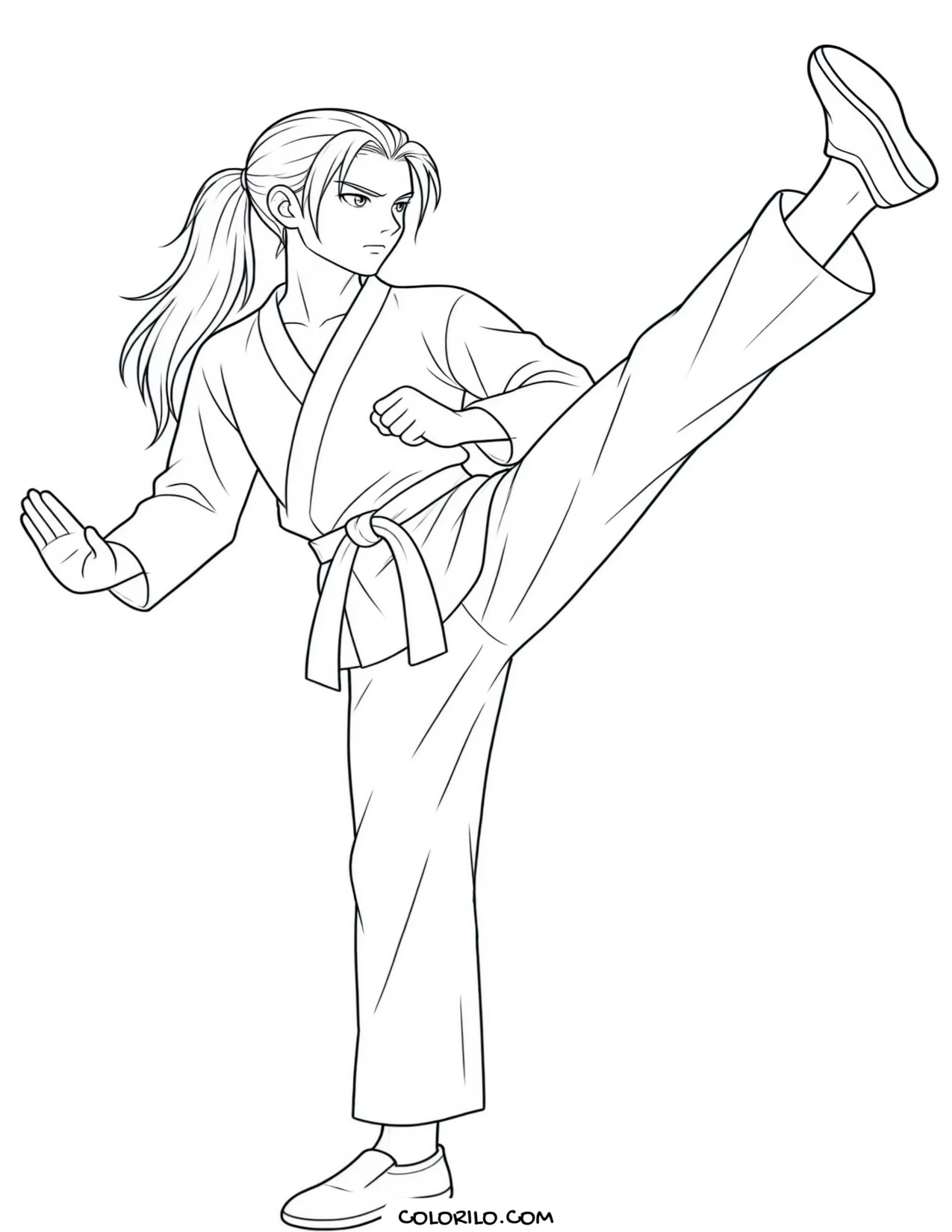 A teenage boy performing a martial arts kick coloring page