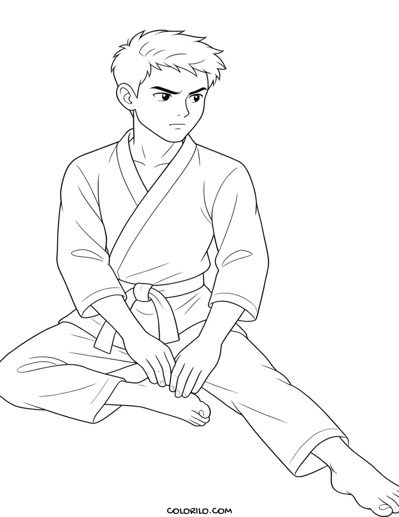 A teenage boy stretching before martial arts coloring page