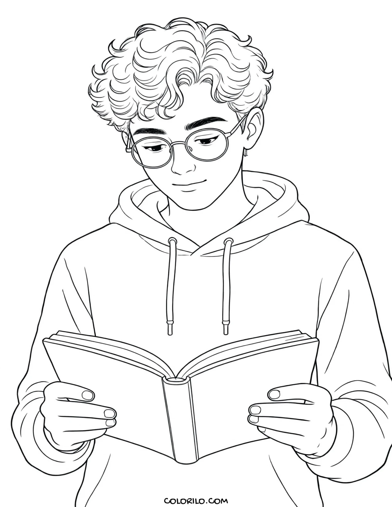 A teenage boy reading a book coloring page