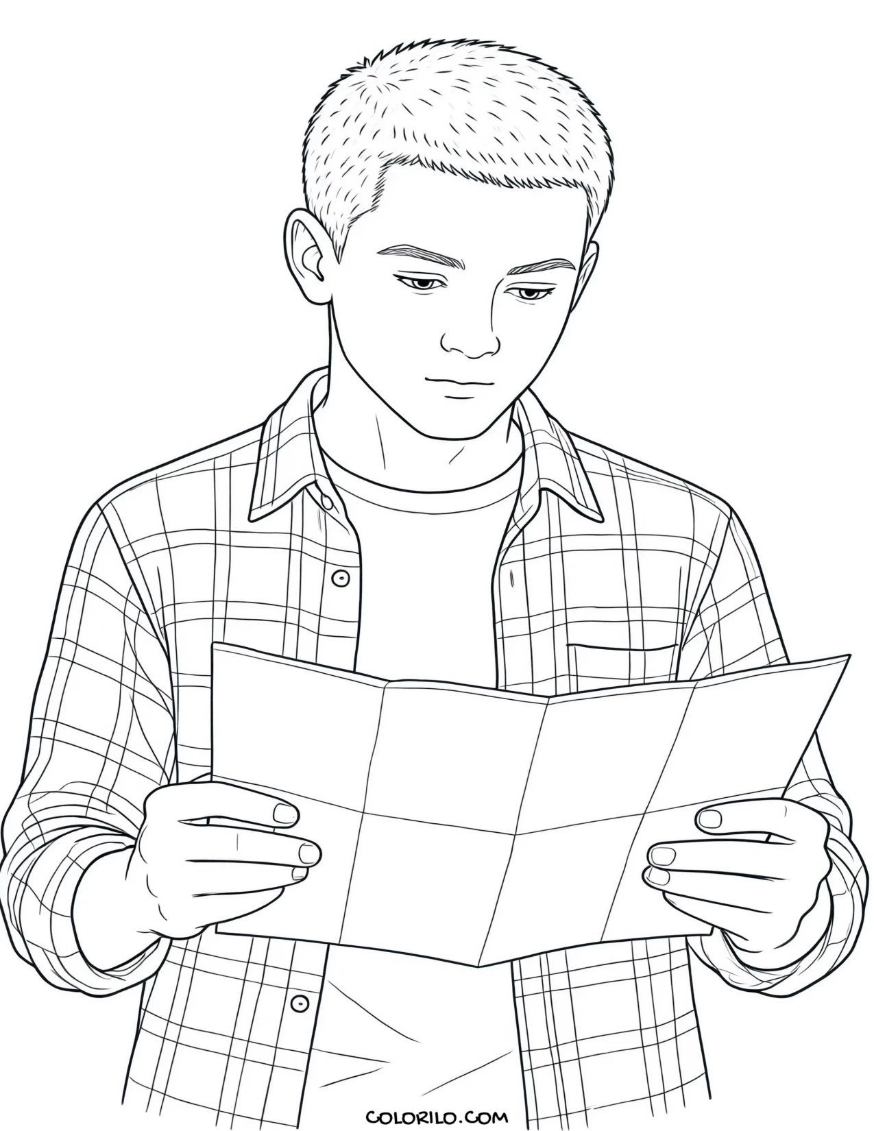 A teenage boy reading a map coloring page
