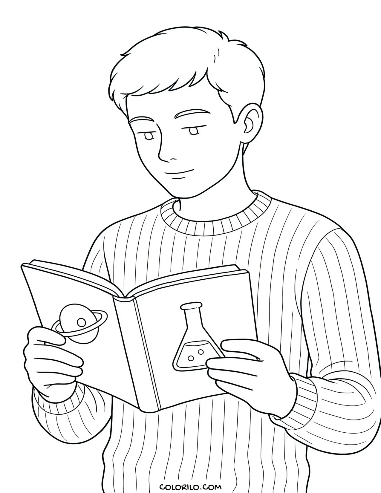 A teenage boy reading a science book coloring page