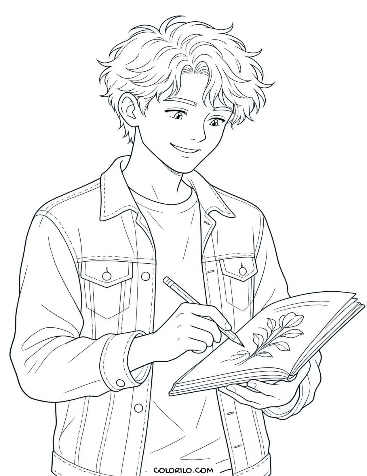 A teenage boy sketching buildings coloring page