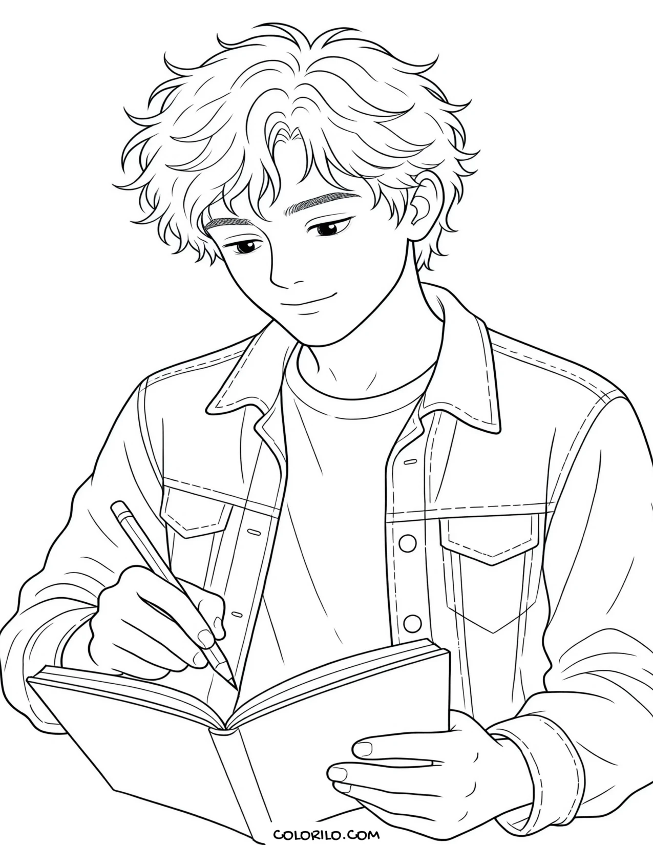 A teenage boy sketching in a notebook coloring page