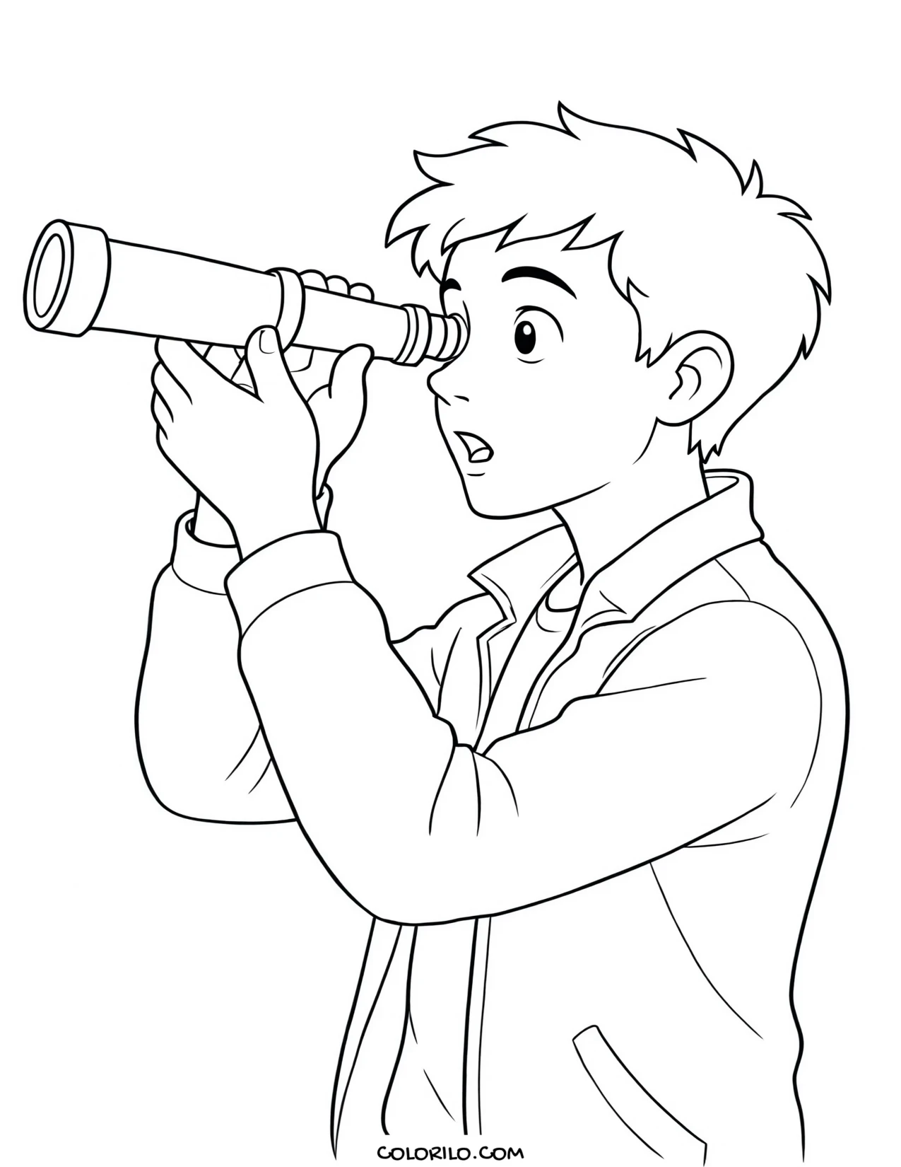A teenage boy looking through a telescope coloring page