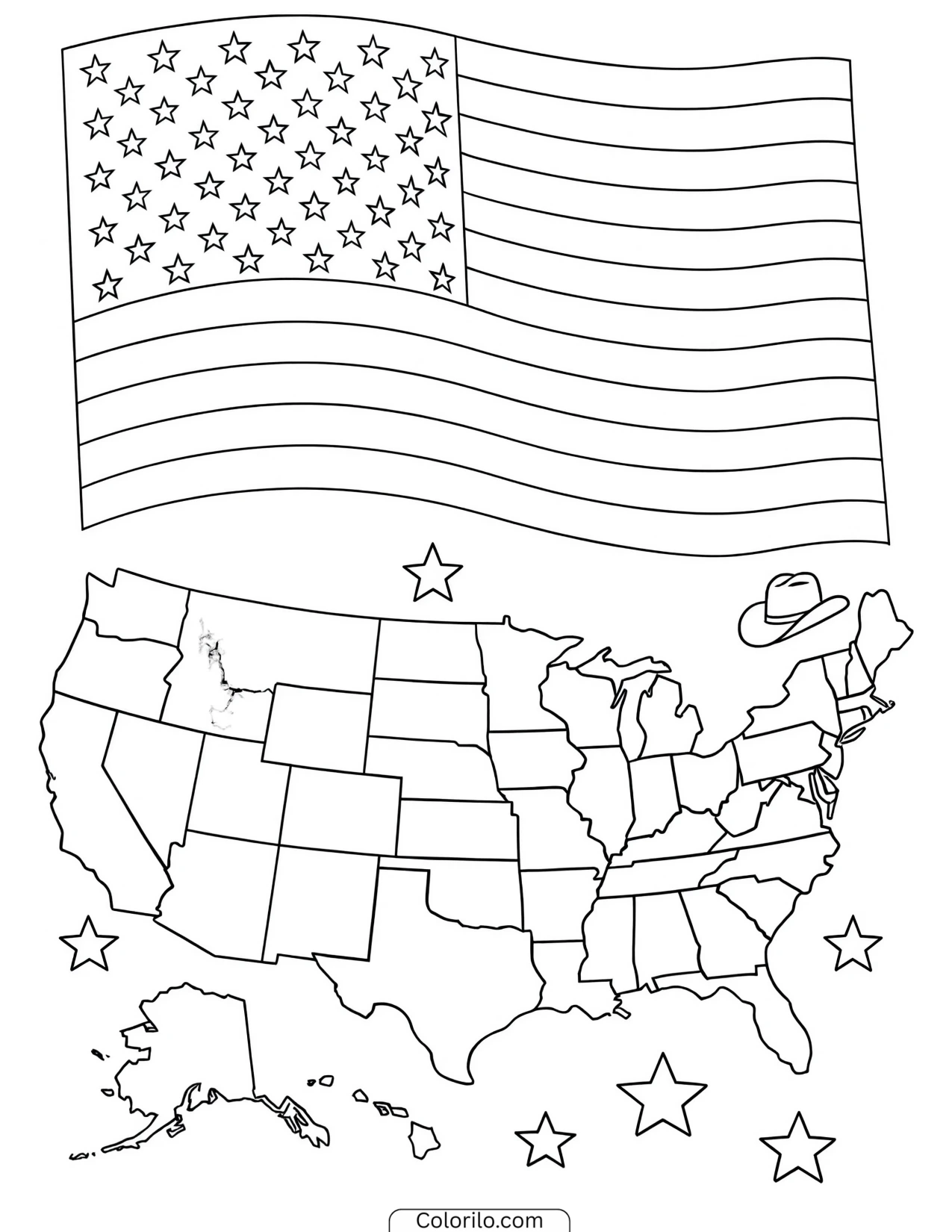 Map of the United States with Texas highlighted coloring page