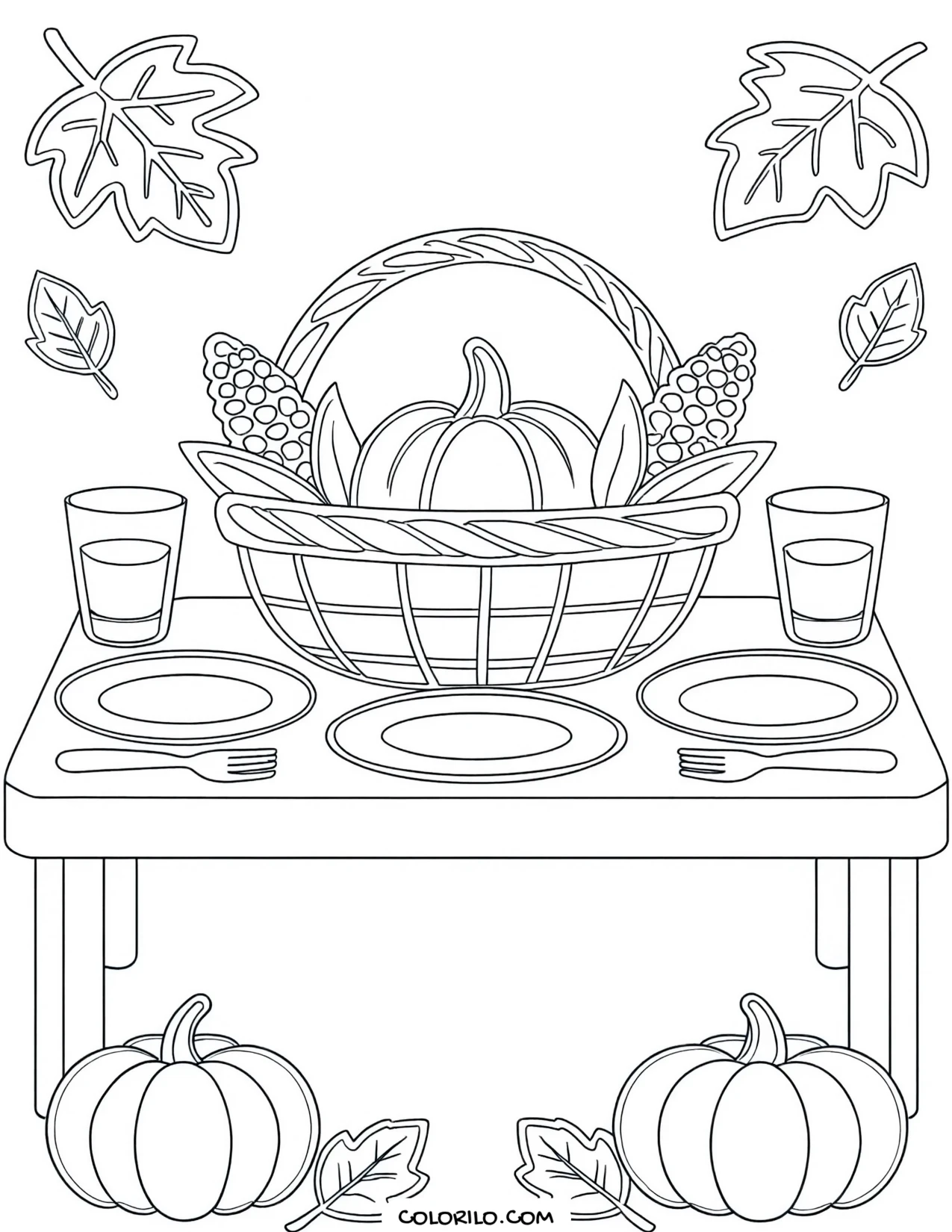 A Thanksgiving harvest table laid out coloring page