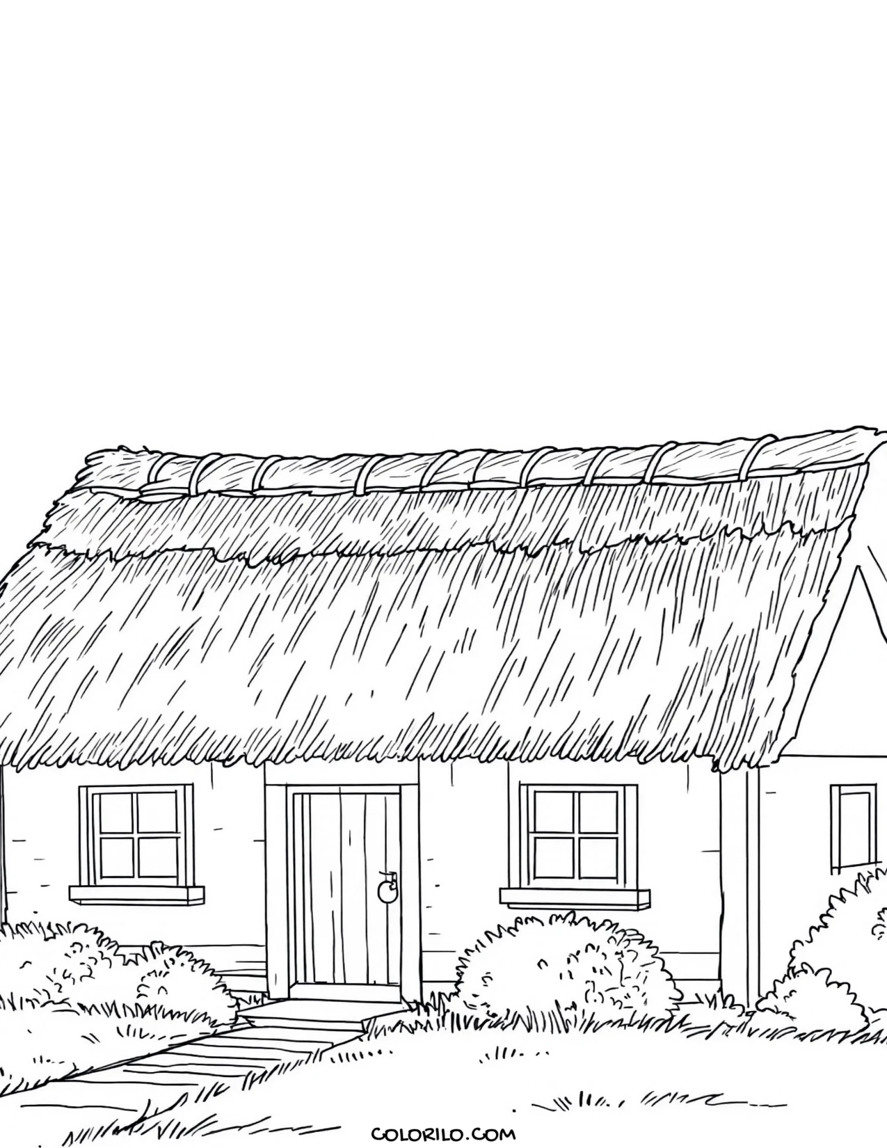 A thatched roof cottage with a garden path coloring page