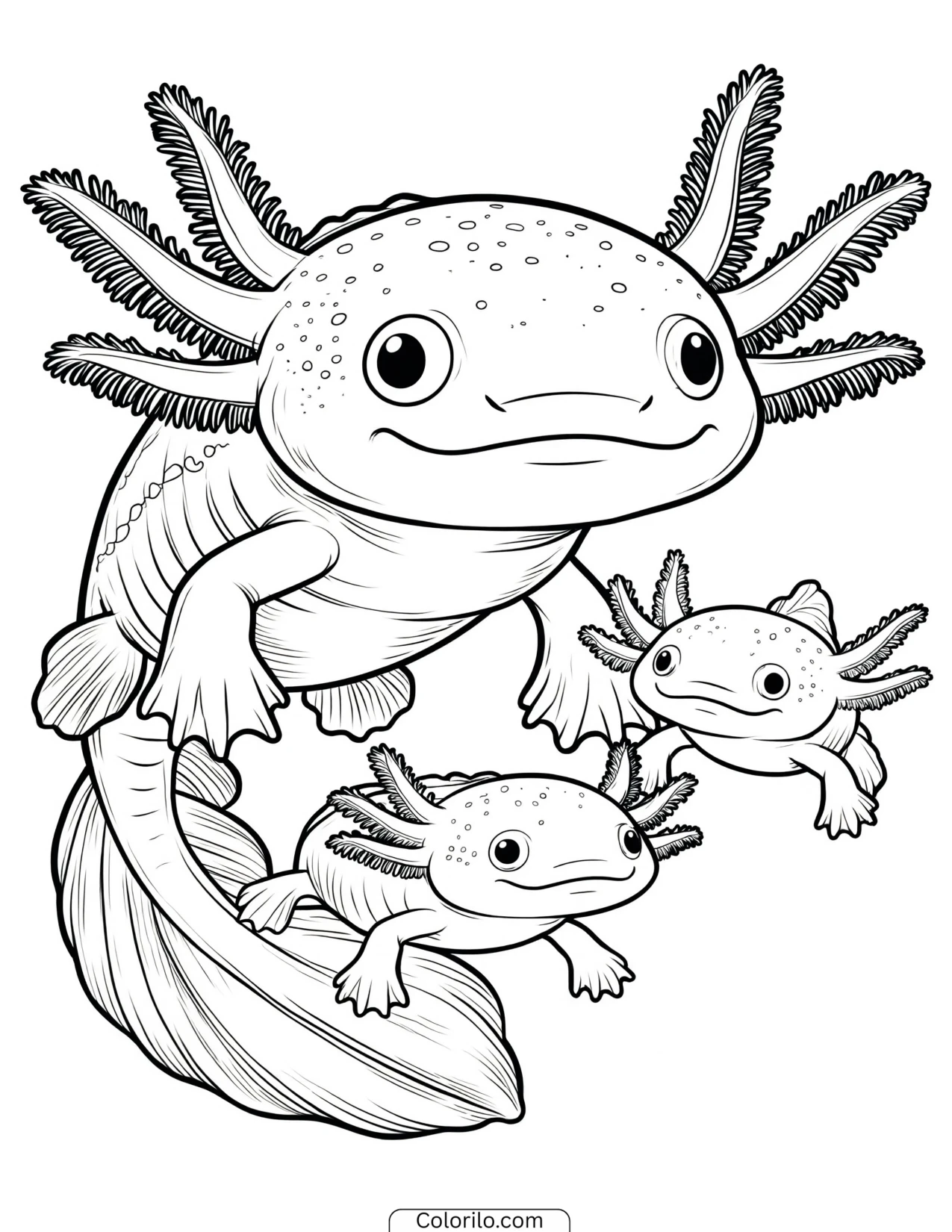 Three axolotls lined up in a row coloring page