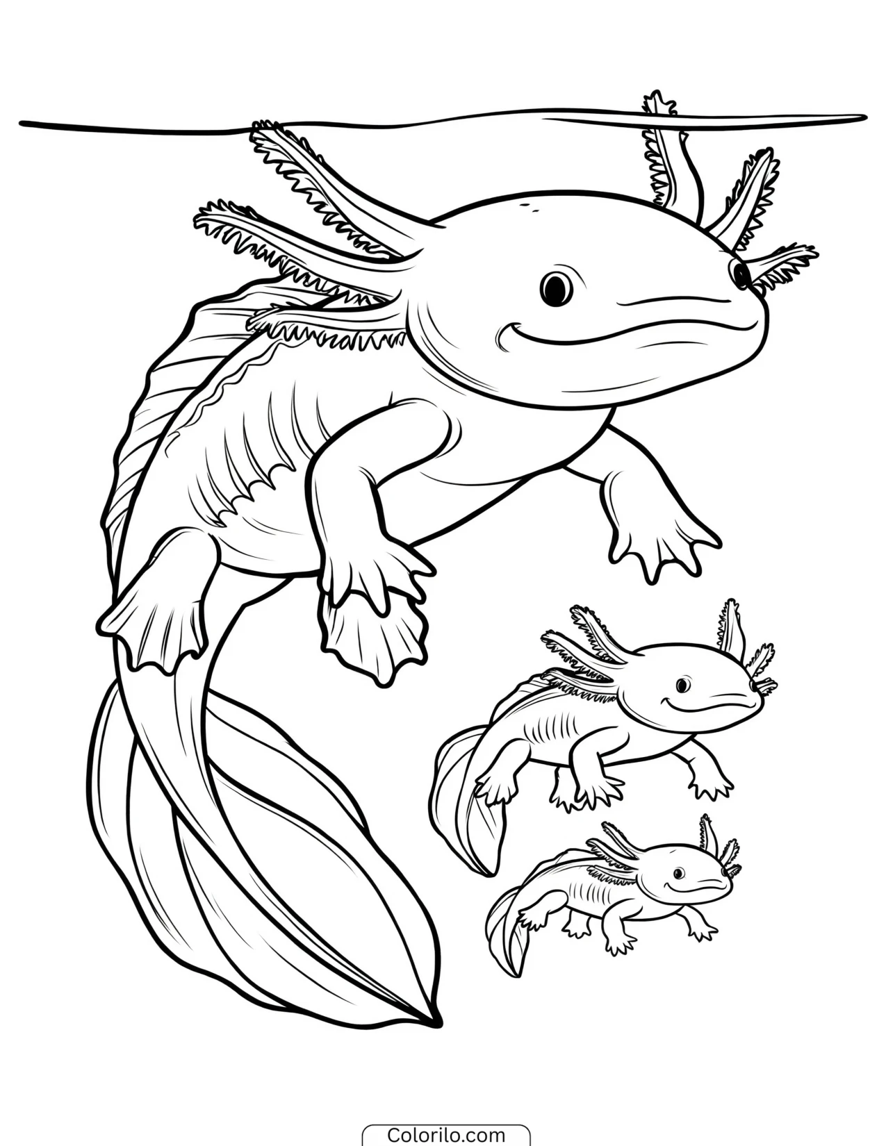 Three axolotls in a full underwater scene coloring page