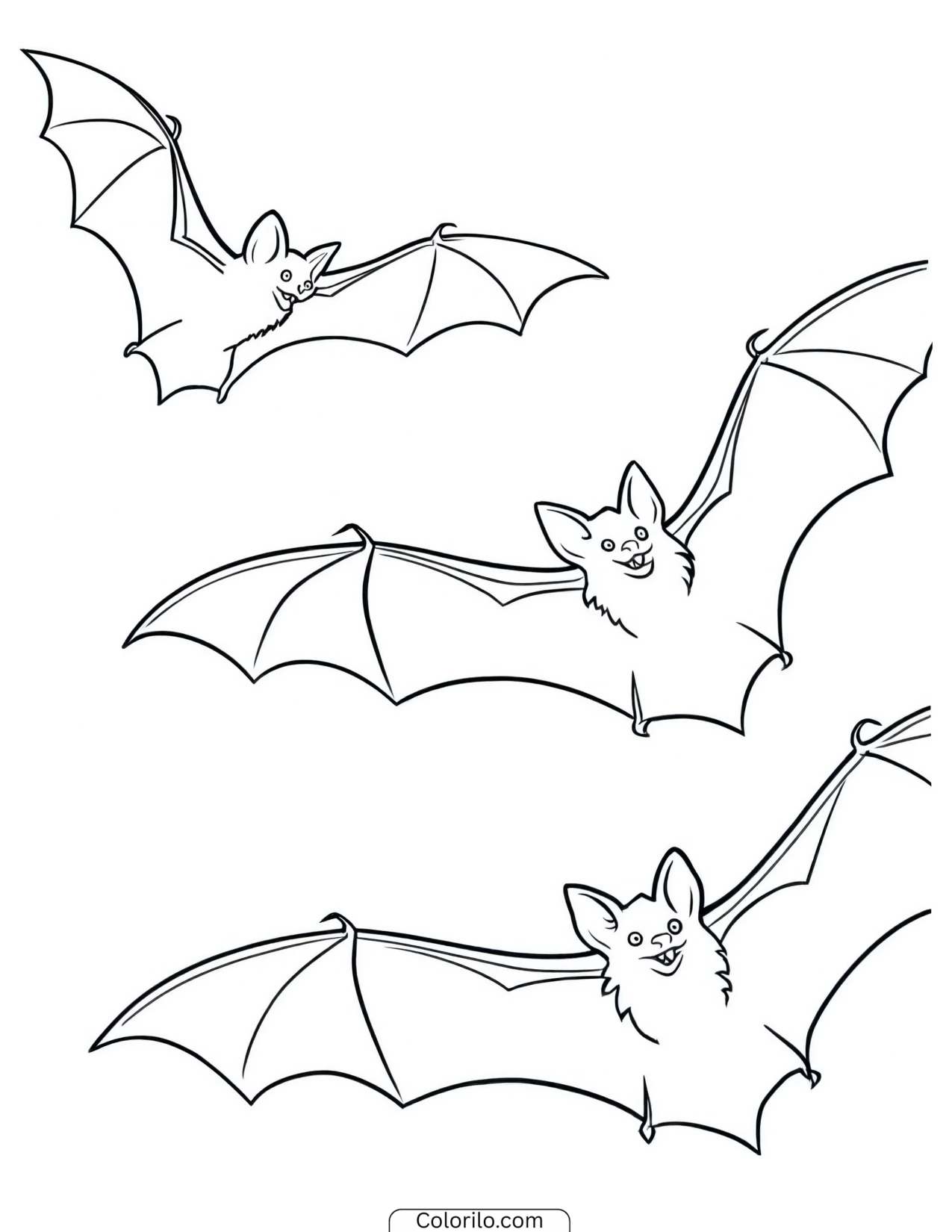 Three bats in flight coloring page