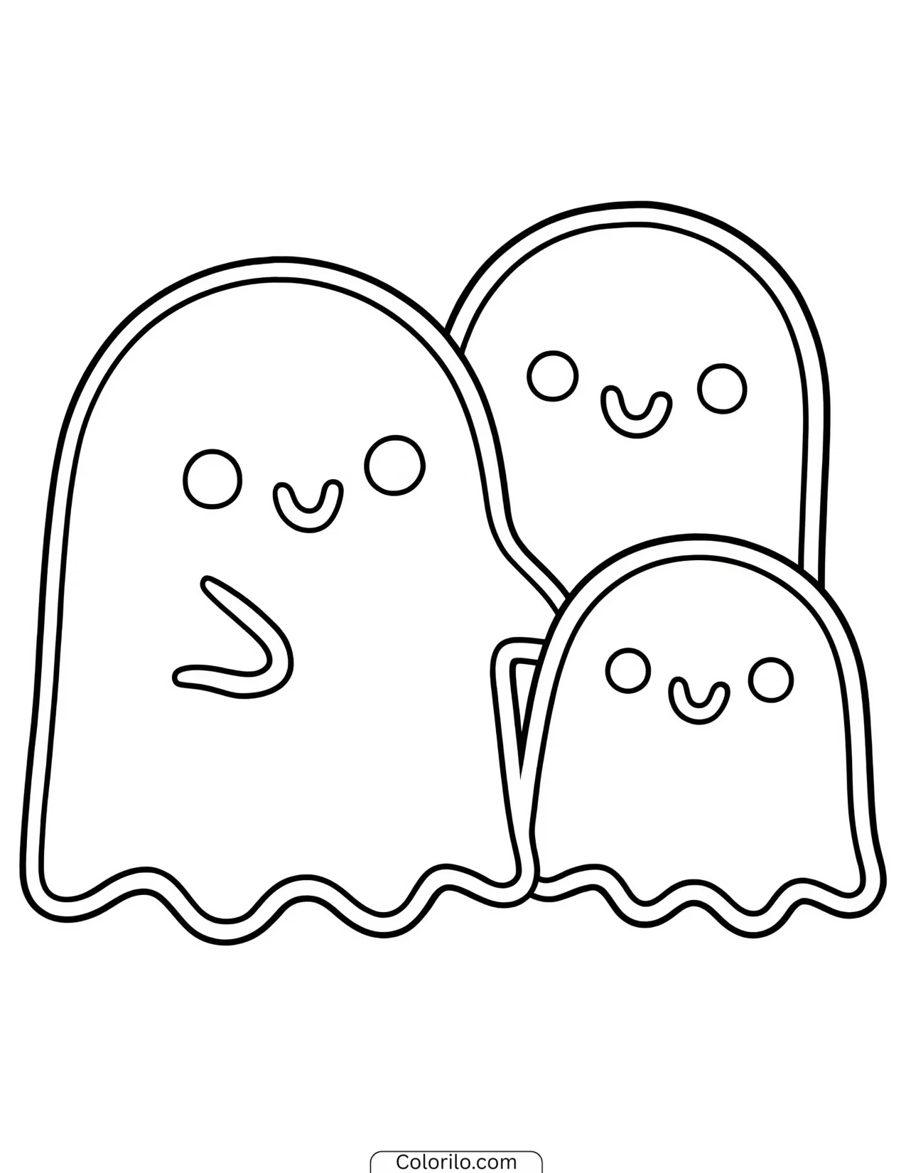 Three smiling ghosts side by side coloring page