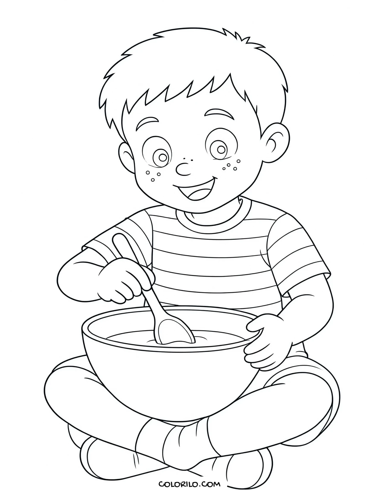 A toddler mixing cake batter coloring page