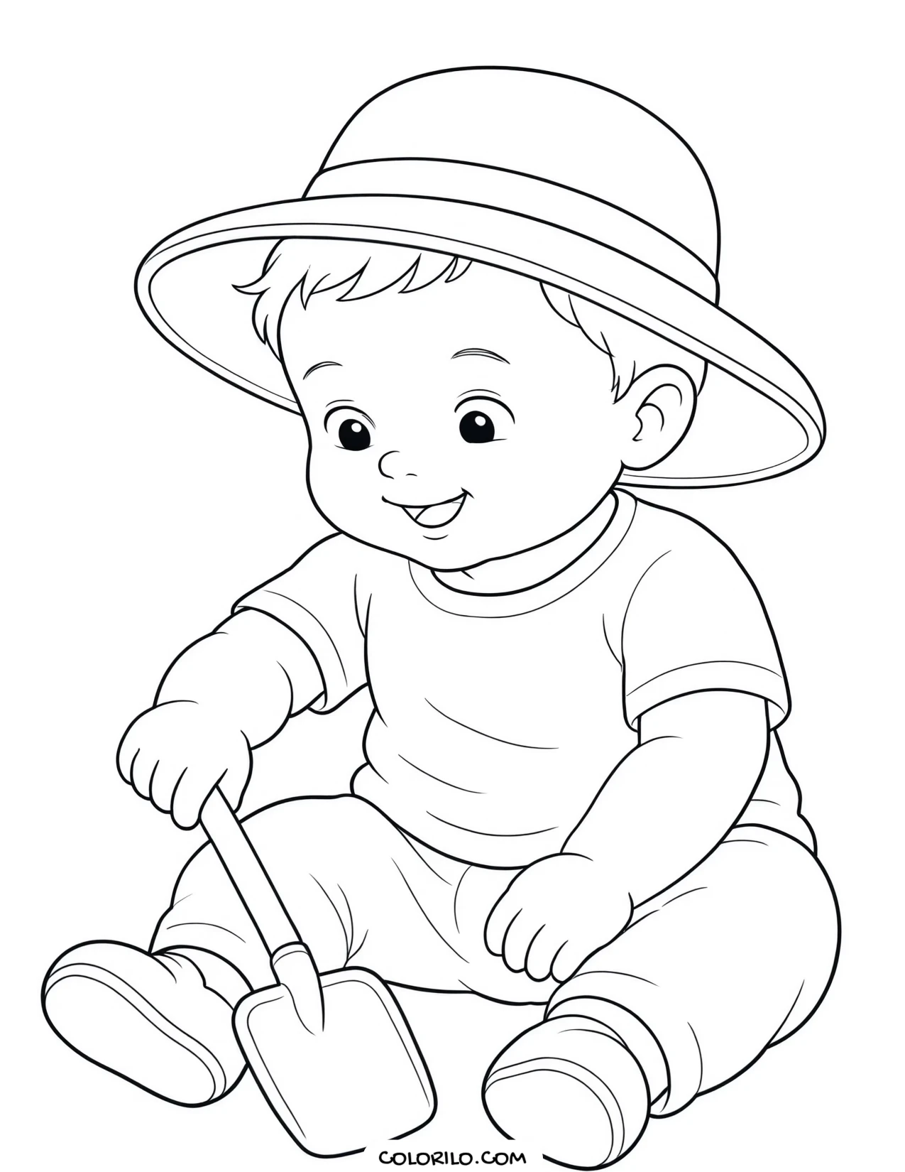 A toddler digging in beach sand coloring page