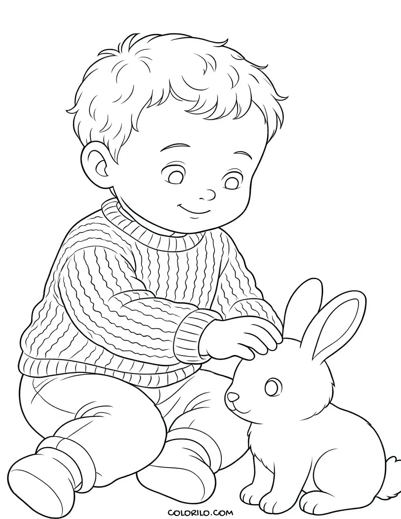 A toddler petting a rabbit coloring page