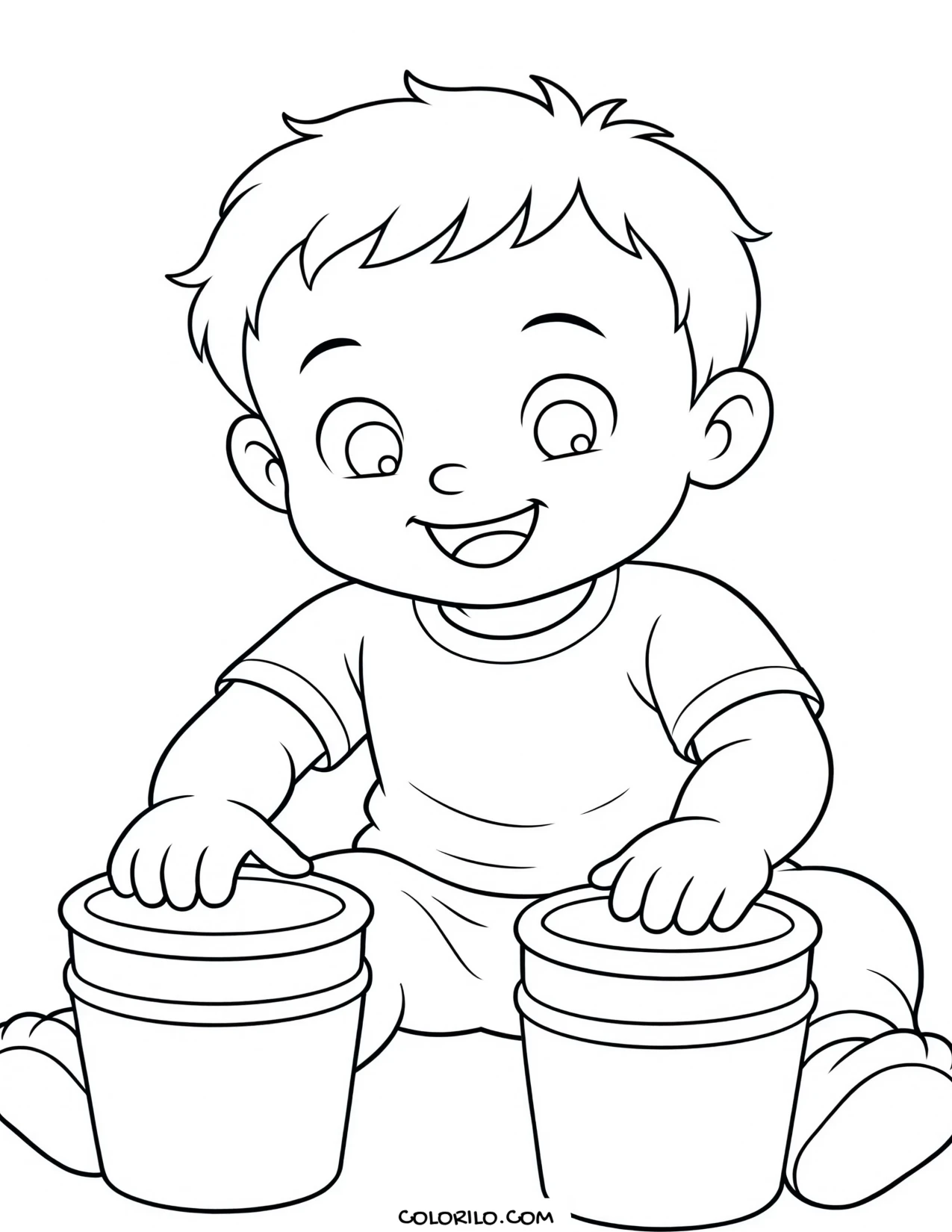 A toddler playing with toy pots coloring page
