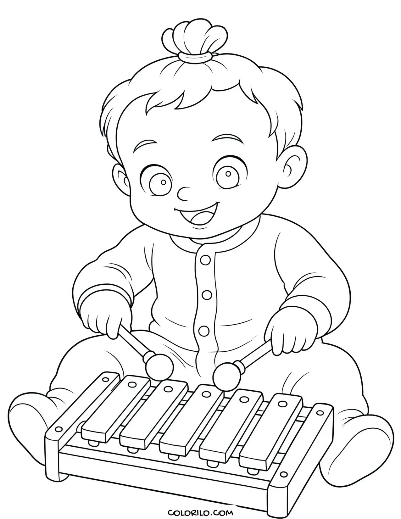 A toddler playing a xylophone coloring page