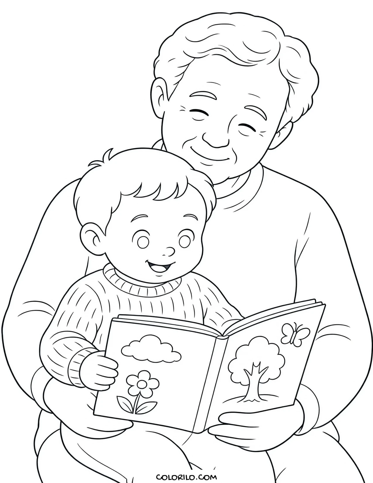 A toddler reading with his grandfather coloring page