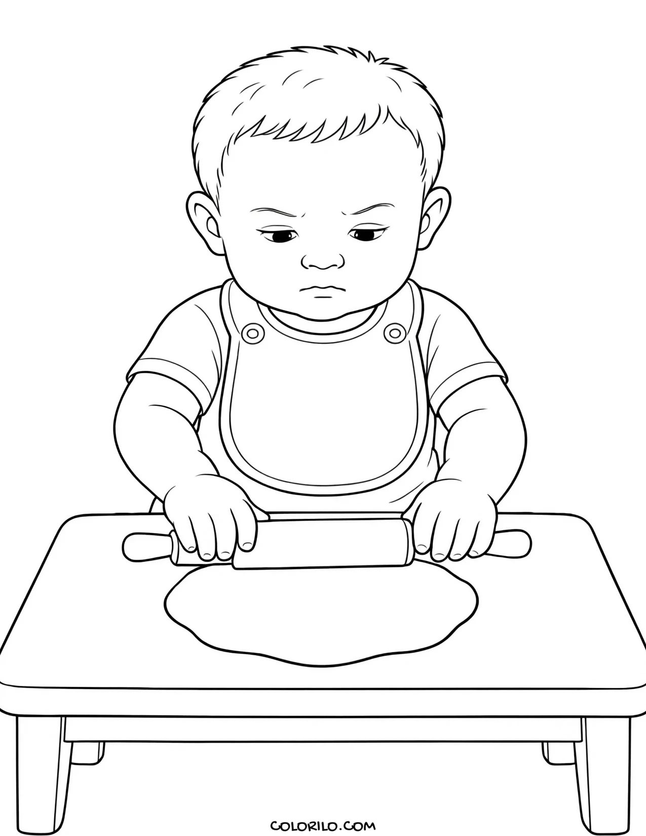 A toddler rolling out dough coloring page