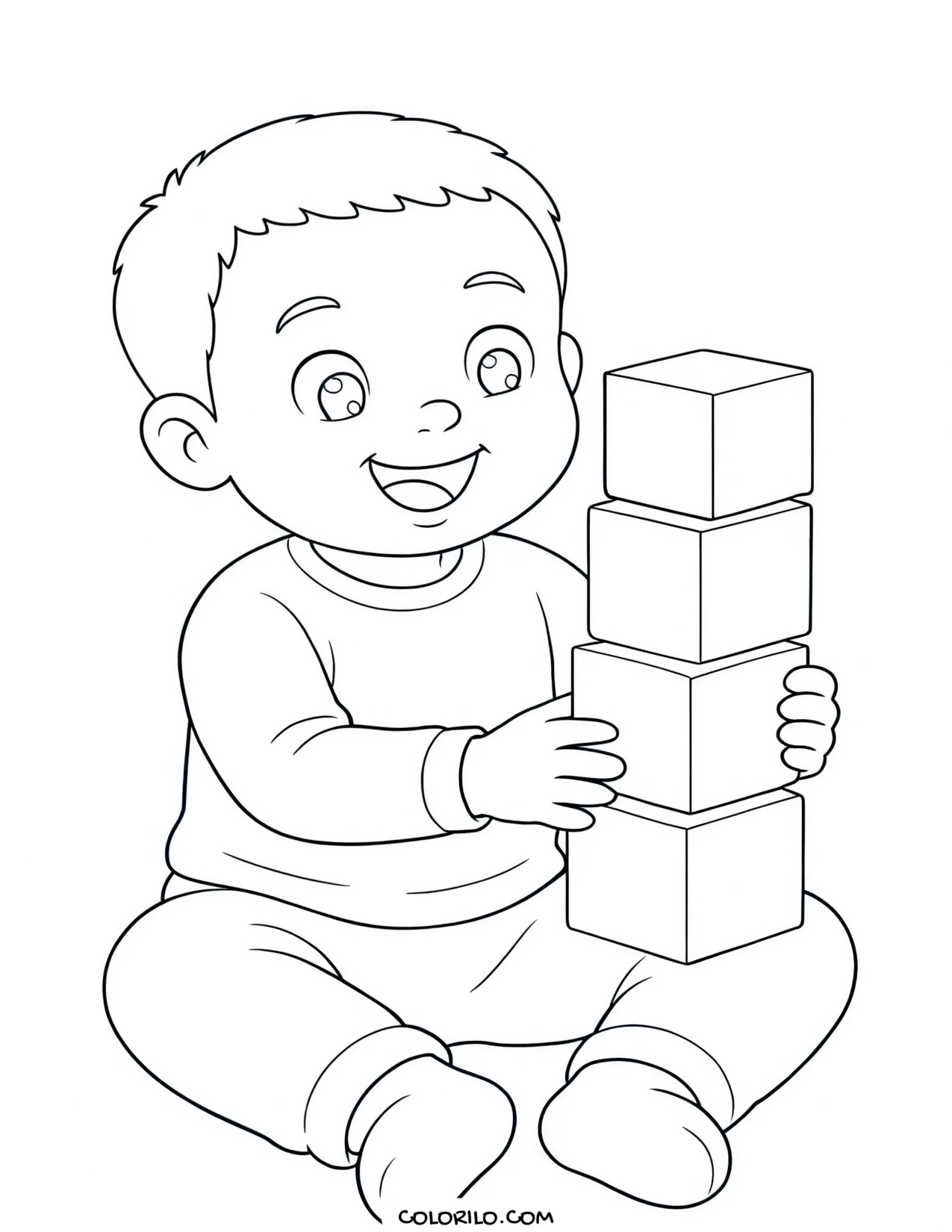 A toddler stacking wooden blocks coloring page