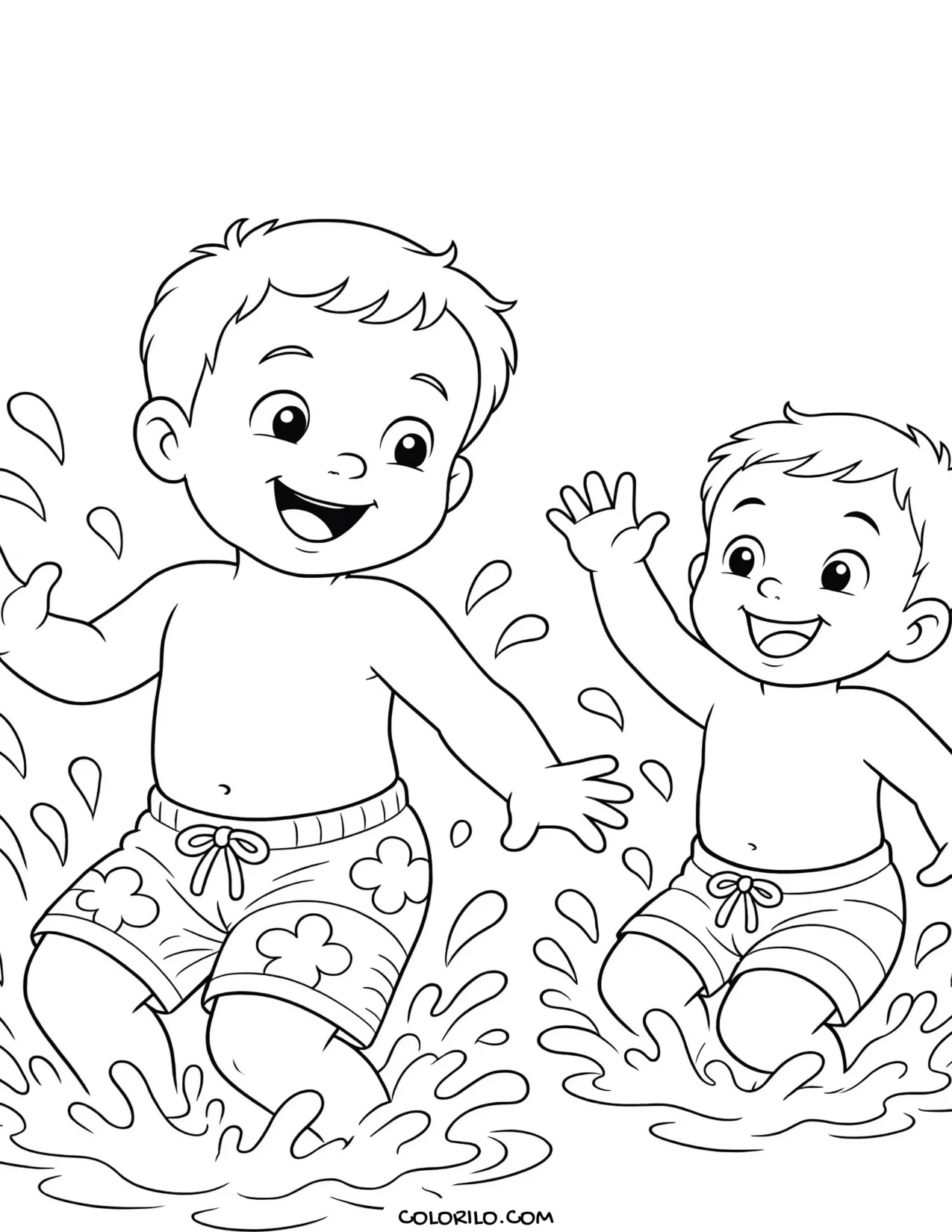 Two toddlers splashing in water coloring page