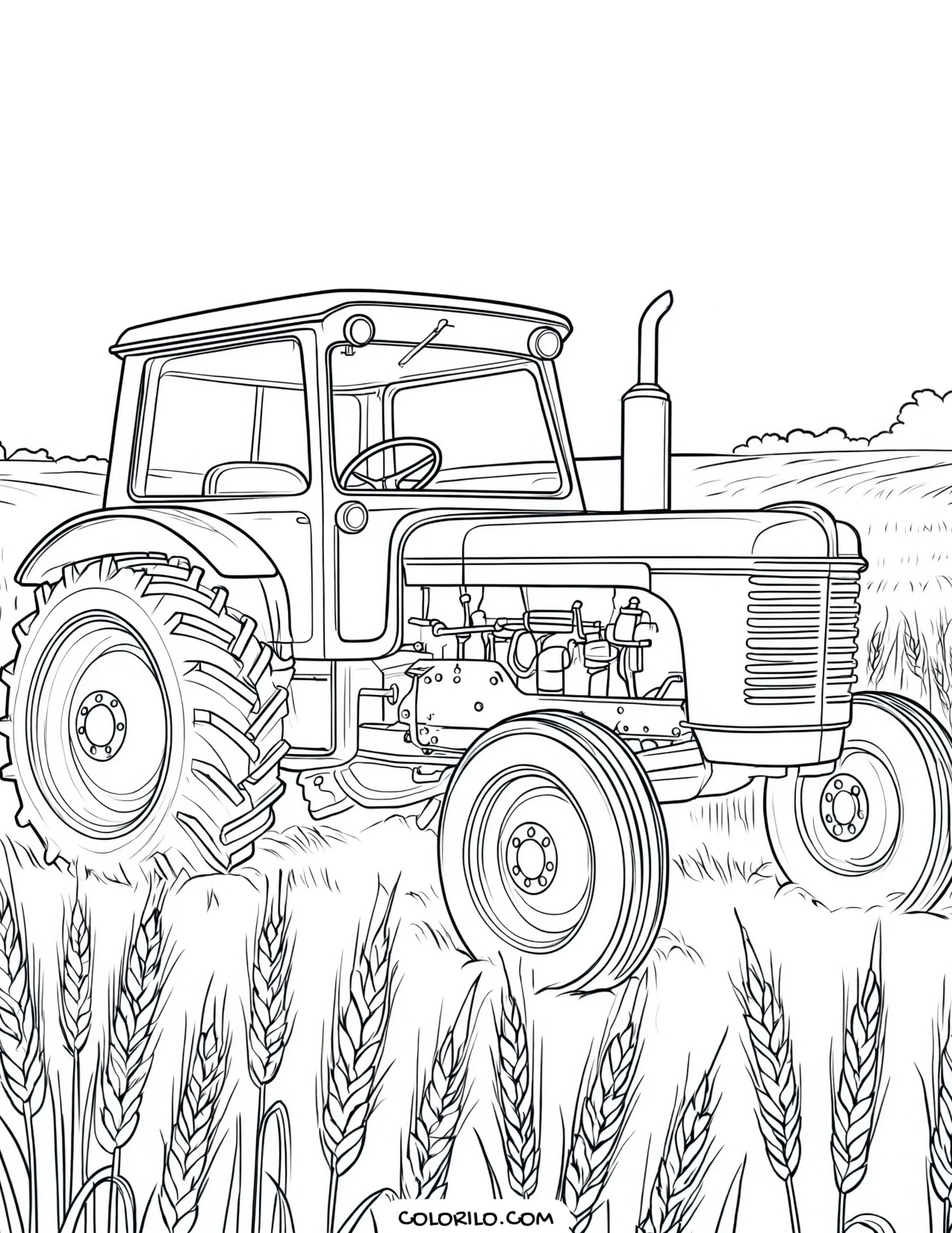 A tractor working a wheat field coloring page