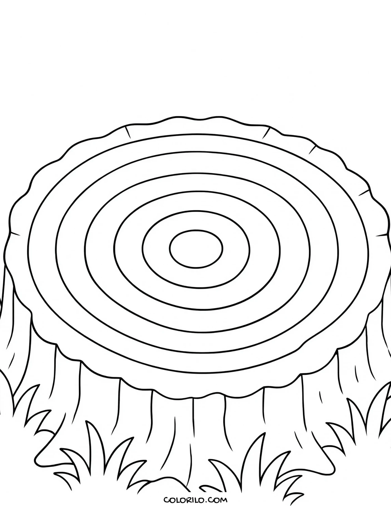 a cut tree stump showing its growth rings coloring page
