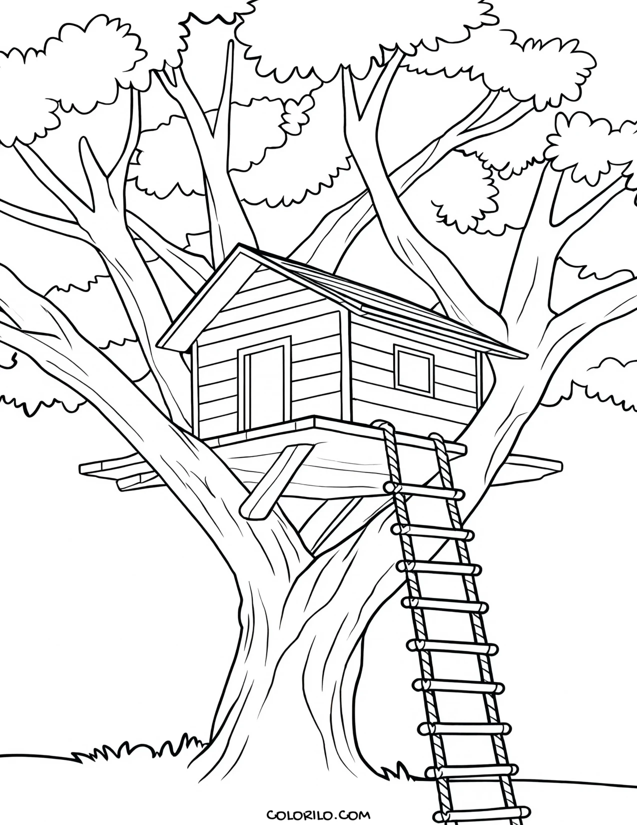 A treehouse among the branches with a rope ladder coloring page