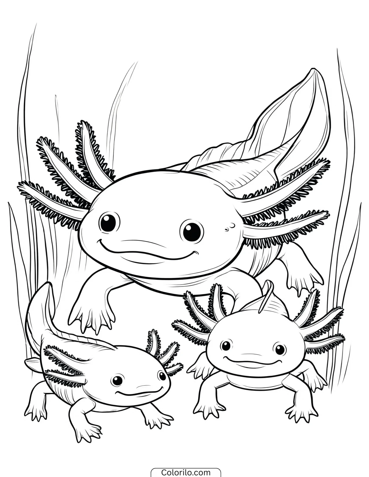 Three smiling axolotls together coloring page
