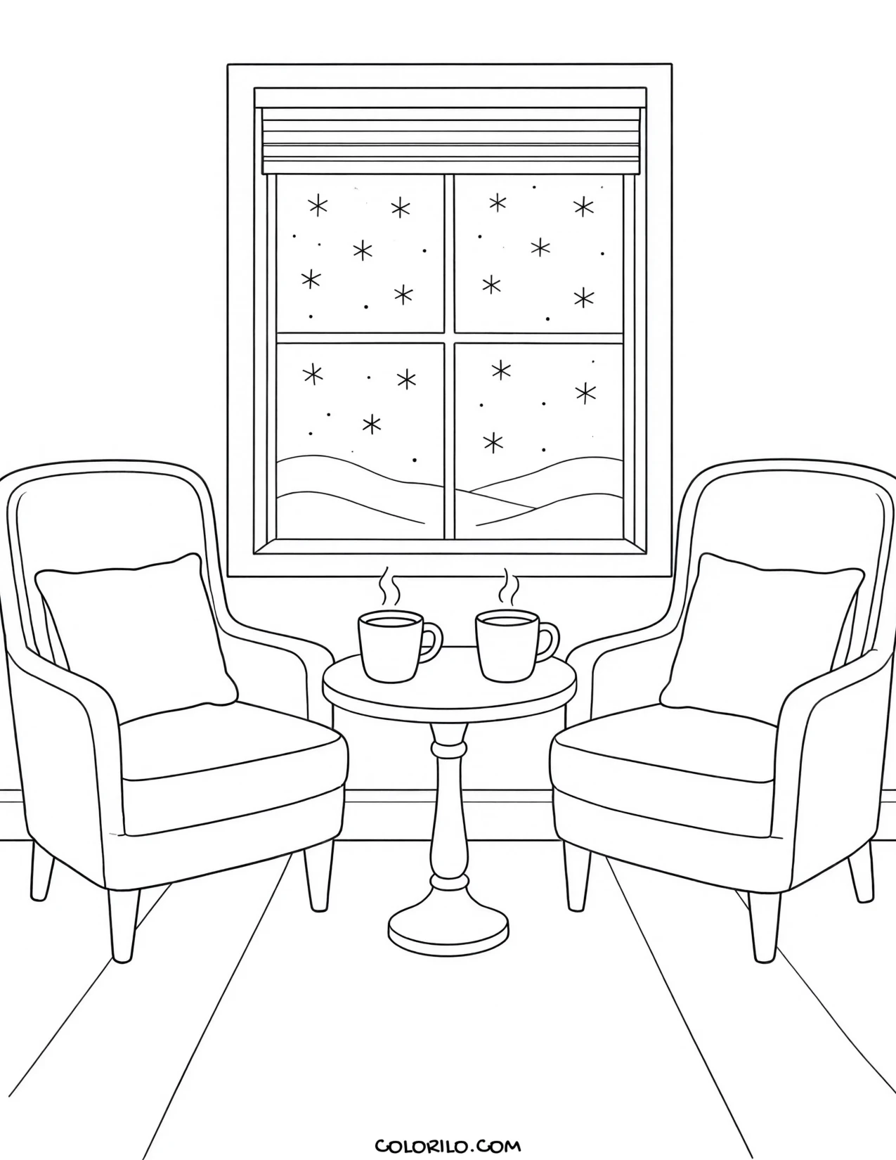 Two chairs with mugs set beside them coloring page