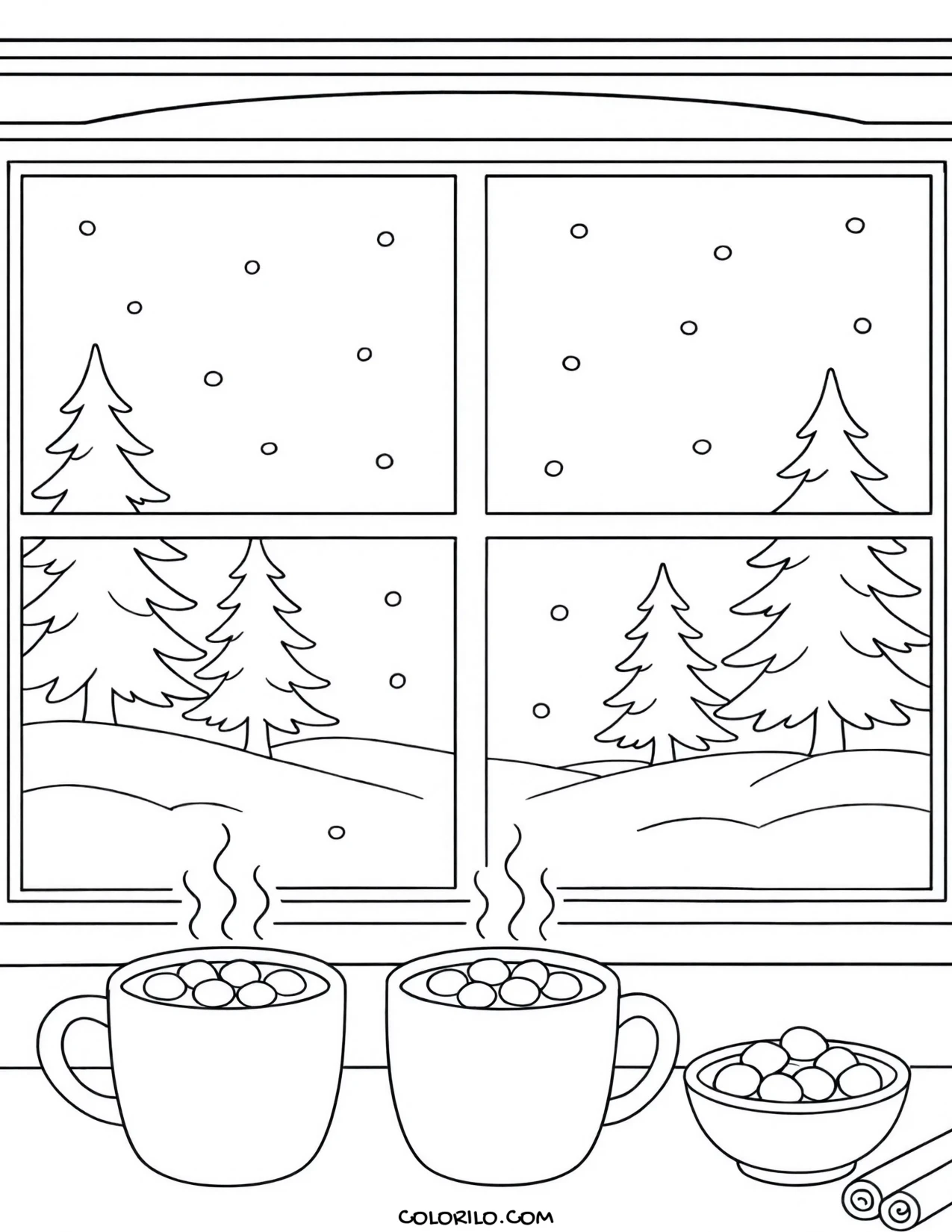 Two mugs of cocoa side by side coloring page