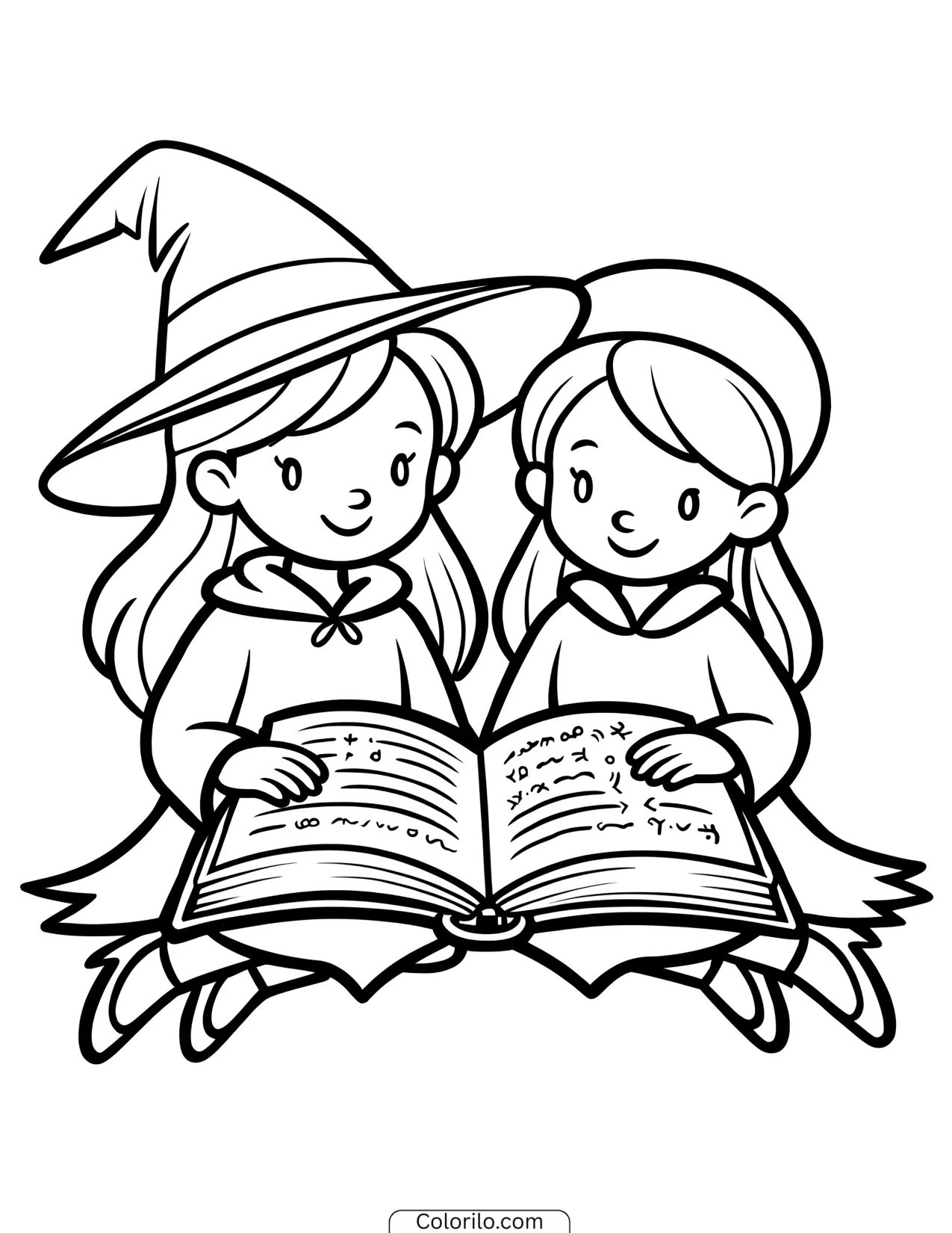 Two witches reading from a spellbook coloring page