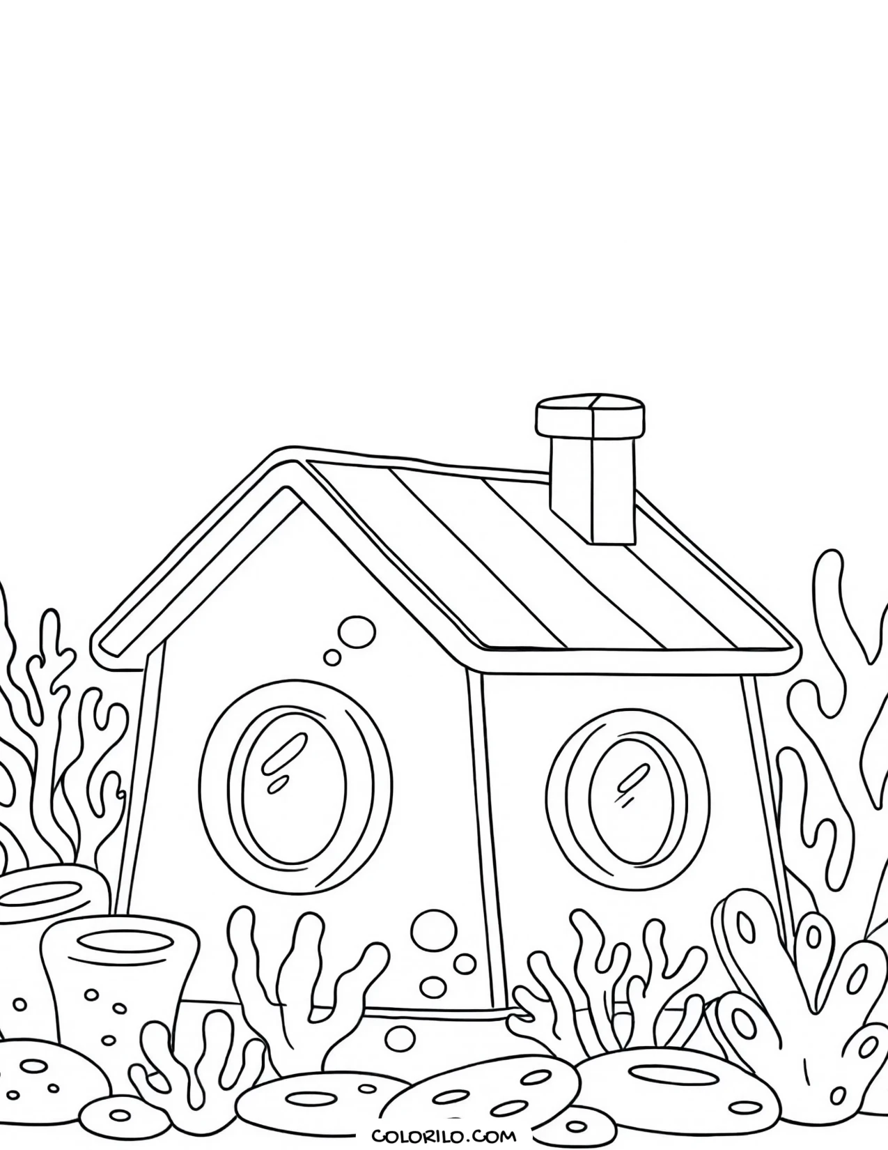 An underwater house with bubble windows coloring page