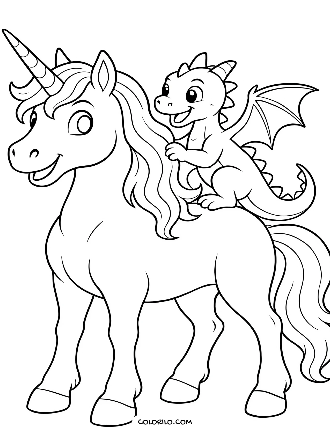 A unicorn with a baby dragon coloring page