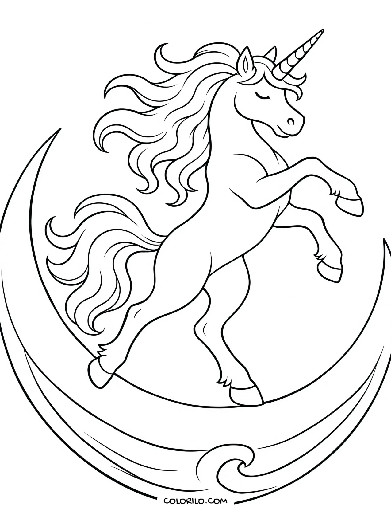 A unicorn resting on a crescent moon coloring page