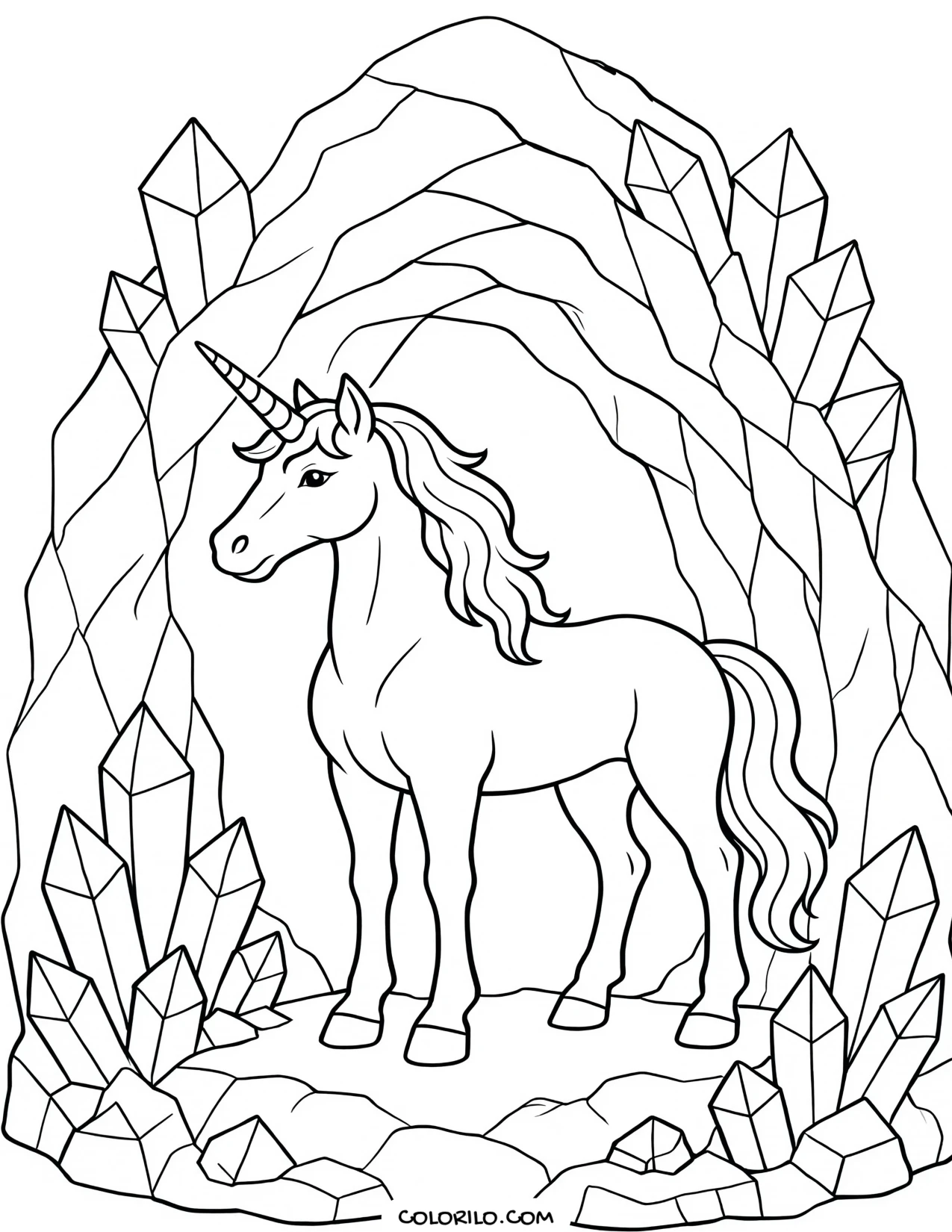 A unicorn inside a crystal cave coloring page
