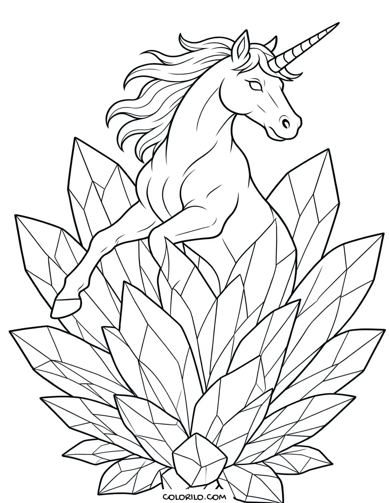 A unicorn beside a cluster of crystals coloring page