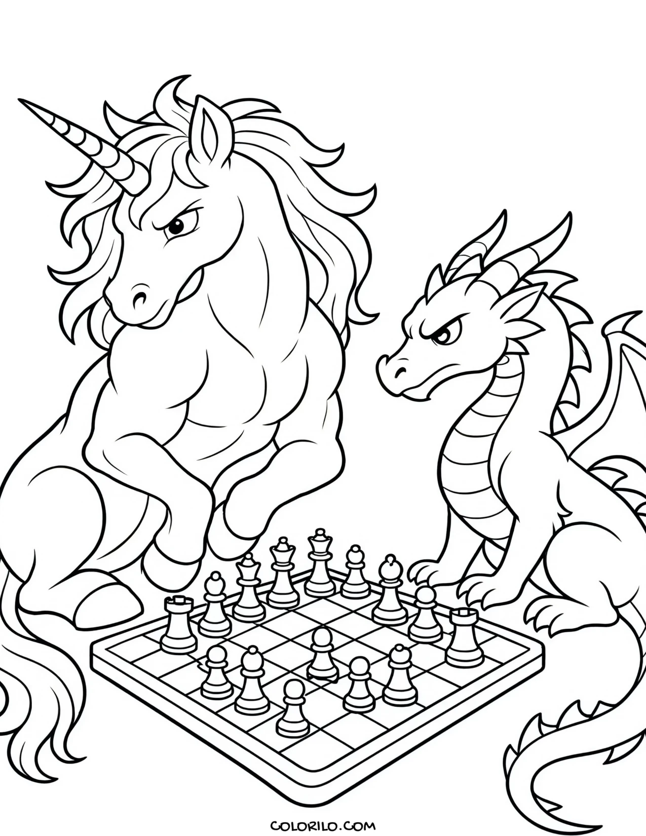 A unicorn and a dragon playing chess coloring page