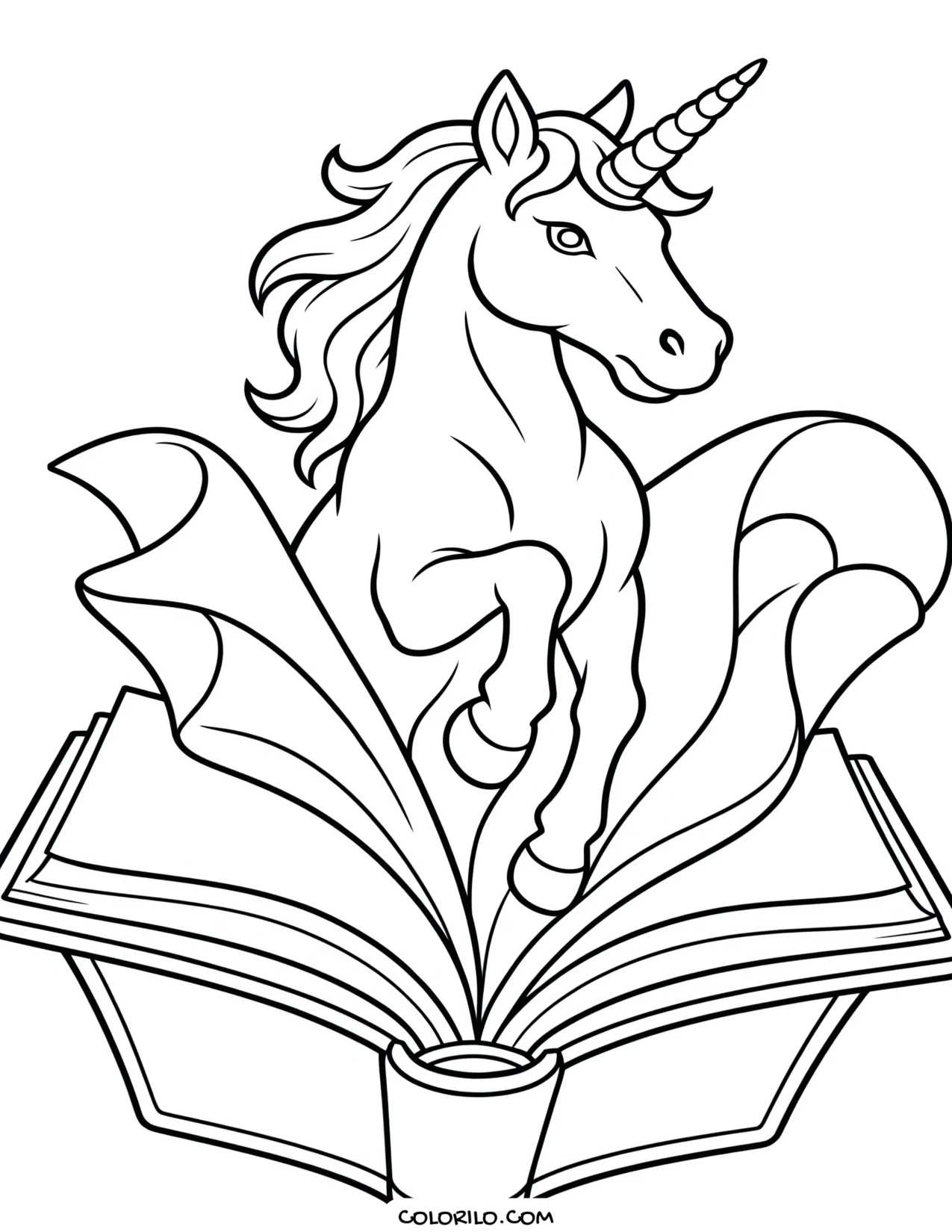 A unicorn emerging from an open book coloring page