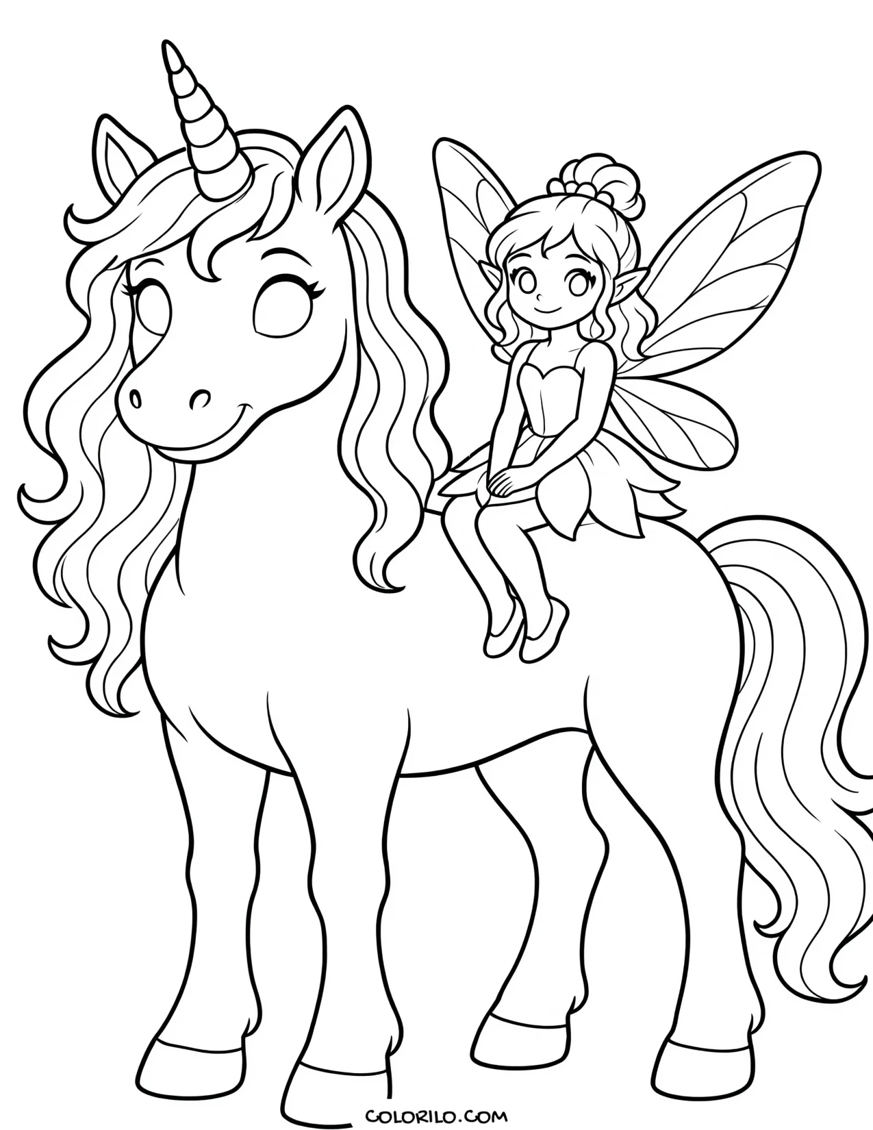 A fairy riding a unicorn coloring page