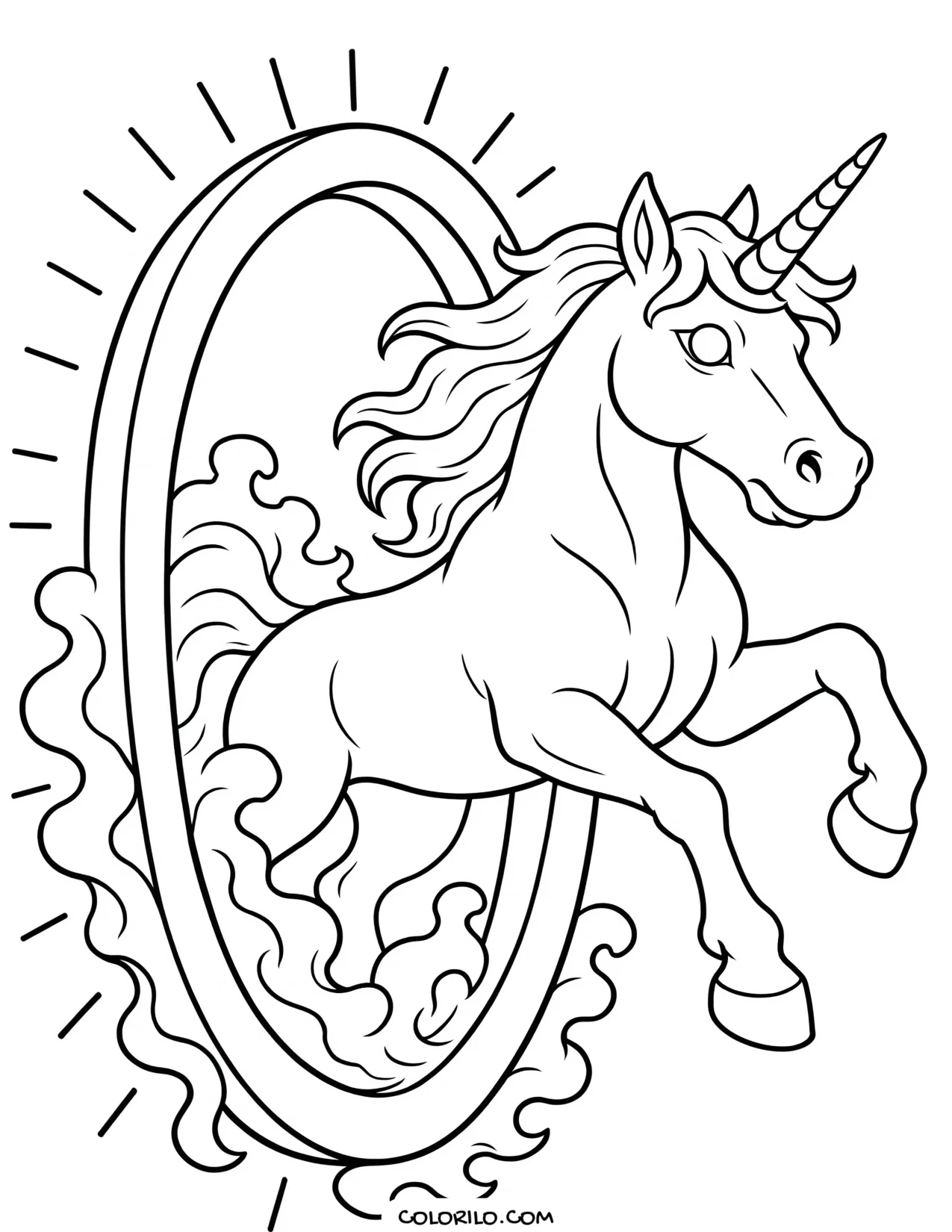 A unicorn leaping through a hoop of fire coloring page