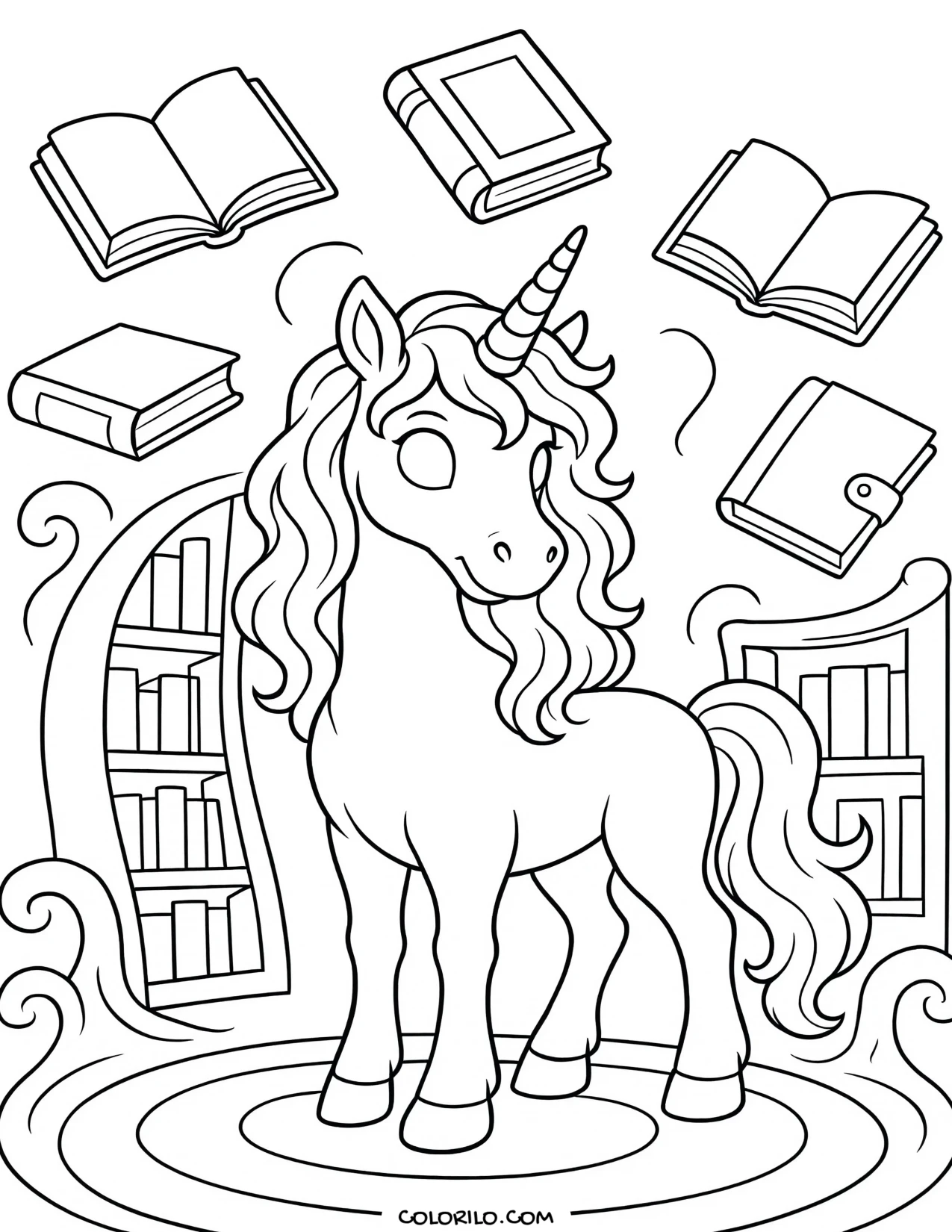 A unicorn surrounded by floating books coloring page