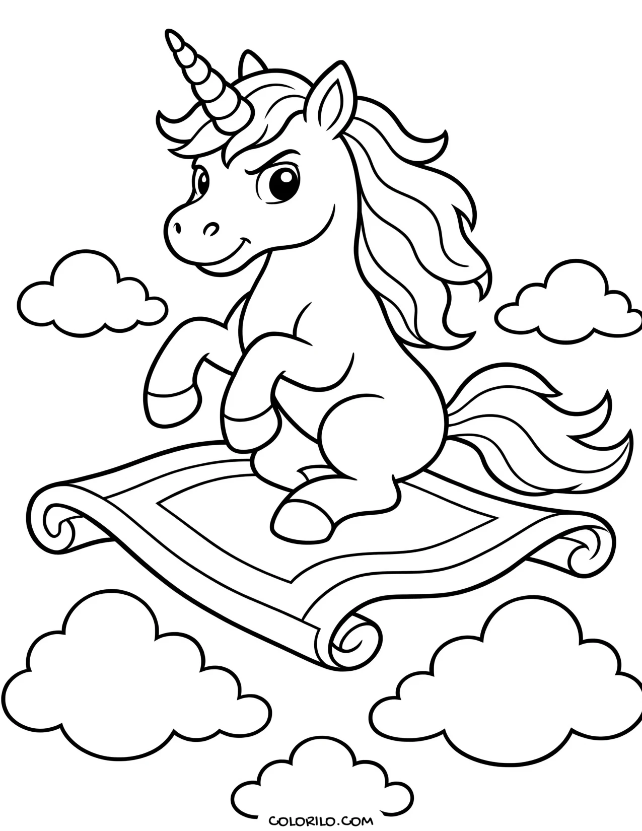 A unicorn riding a flying carpet coloring page