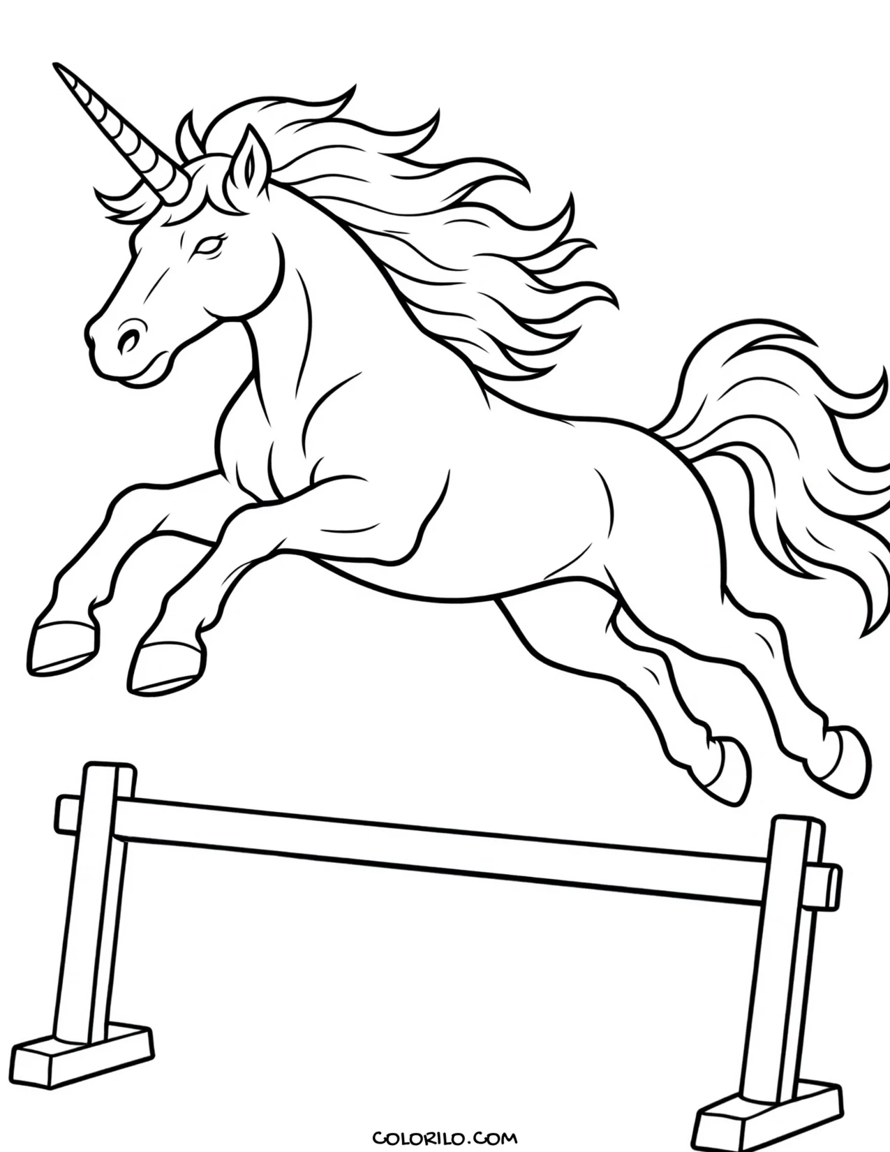 A unicorn jumping over a fence coloring page