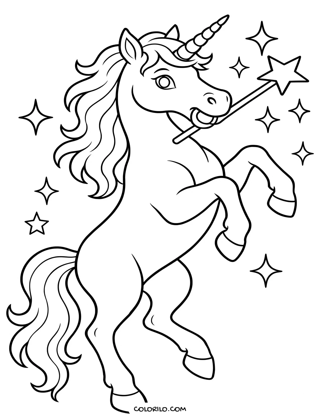 A unicorn holding a magic wand coloring page