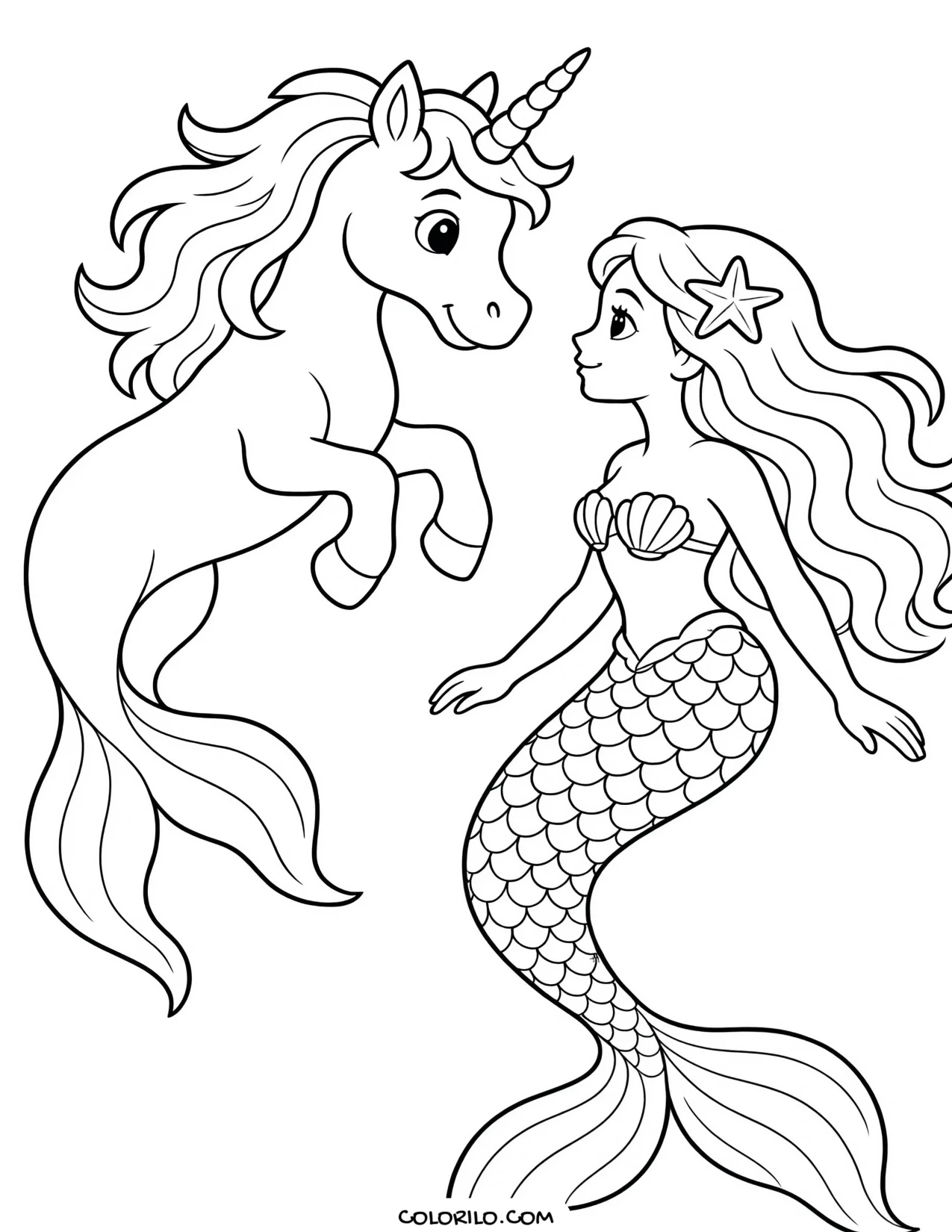A unicorn with a mermaid coloring page