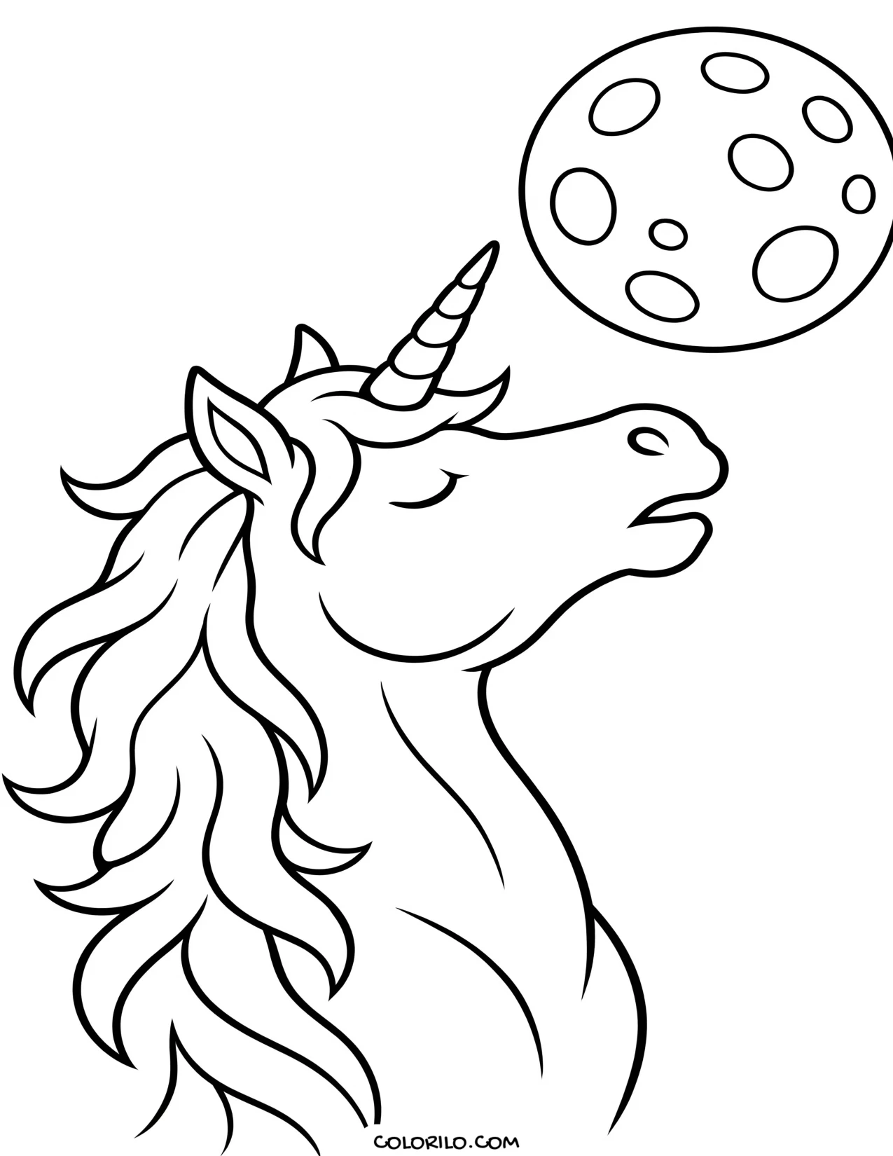 A unicorn portrait against the moon coloring page