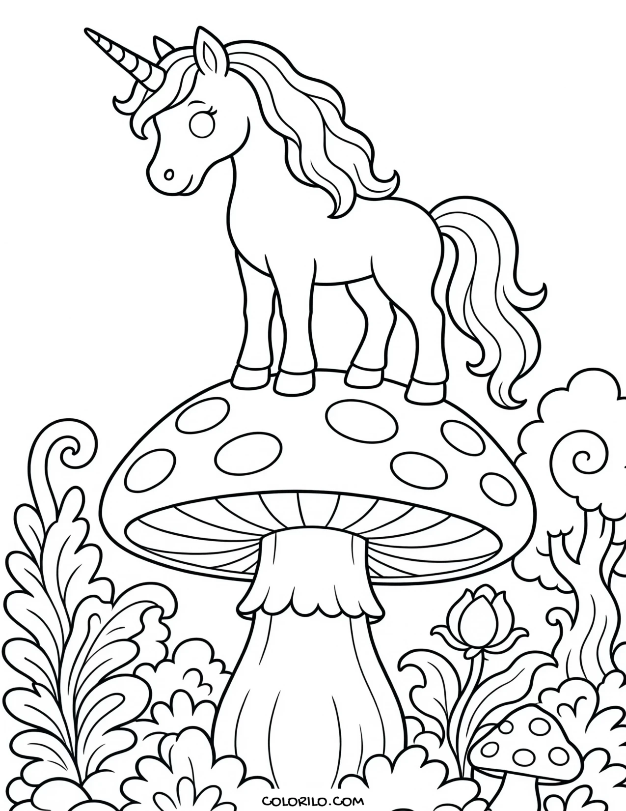 A unicorn walking through a mushroom forest coloring page