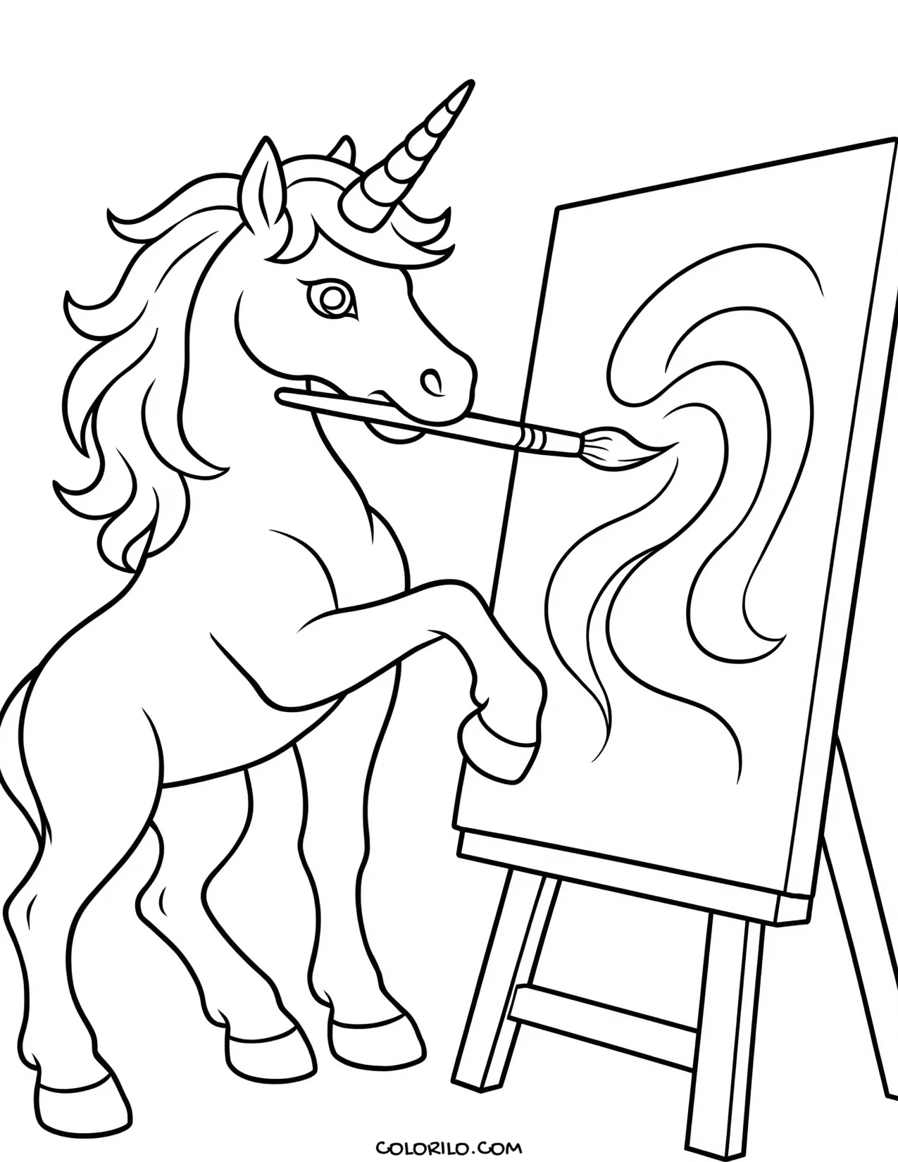 A unicorn painting at a canvas coloring page